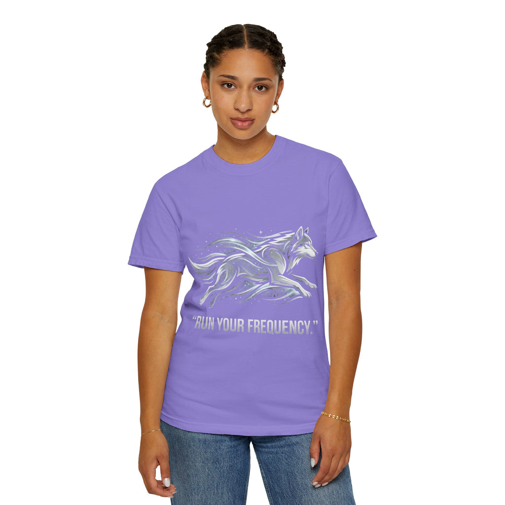 Wolf Graphic T-Shirt — 'Run Your Frequency' Motivational Tee by Printify
