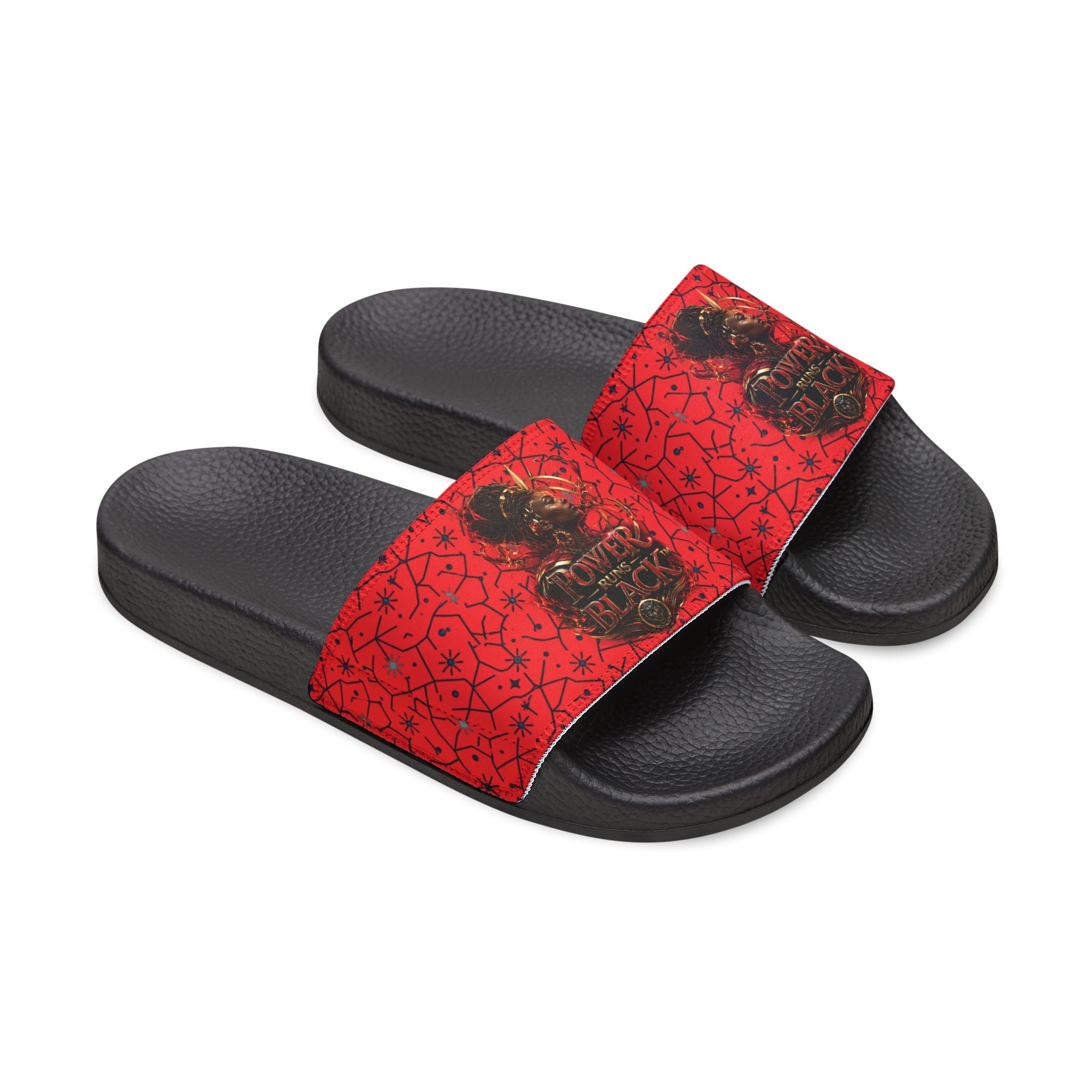 Power Runs Black Removable-Strap Sandals - Red Floral Pattern Slide Sandals for Women by Power Runs Black