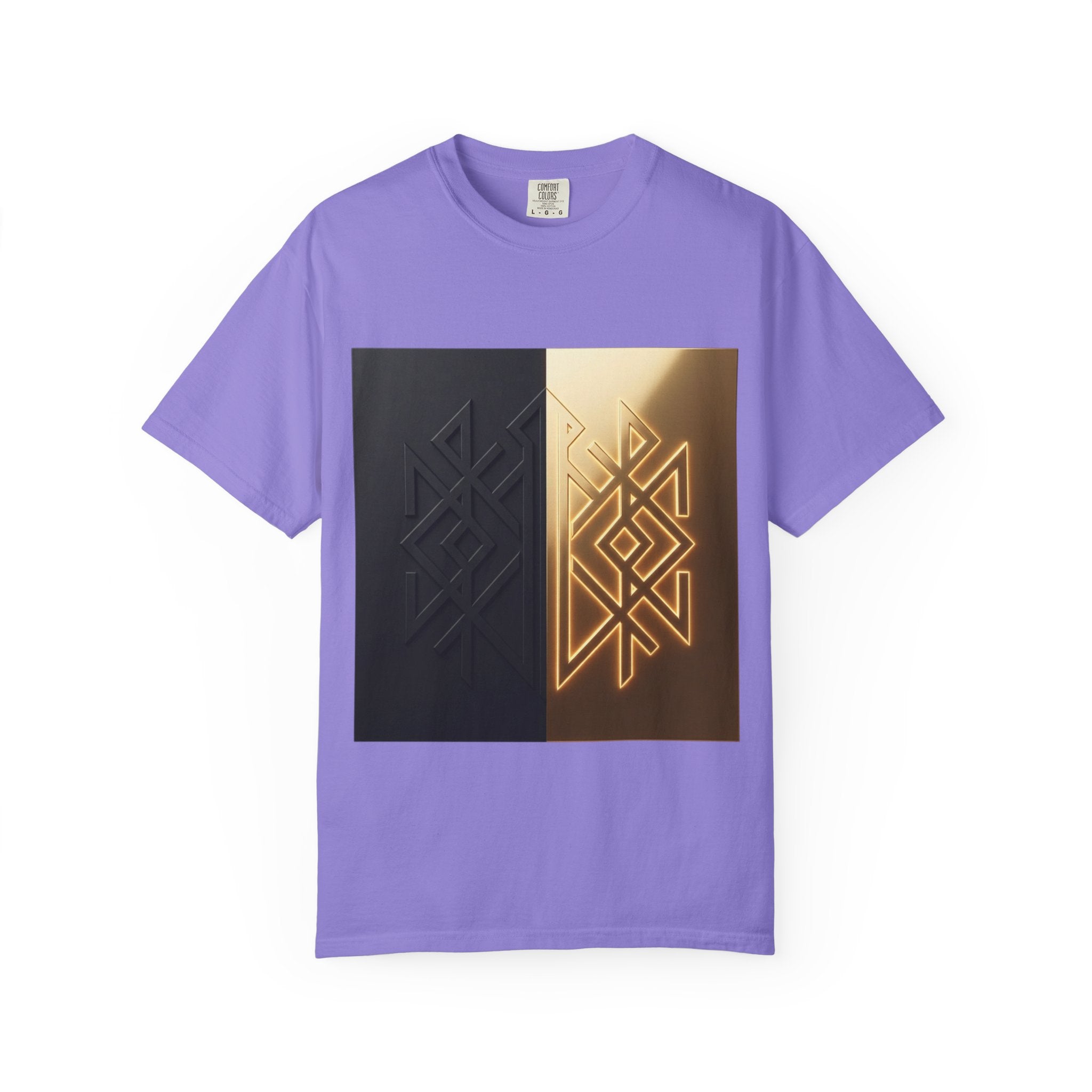 Power Runs Black PRB Geometric Split Glow T-Shirt — Black & Gold Tribal Diamond Graphic by Power Runs Black