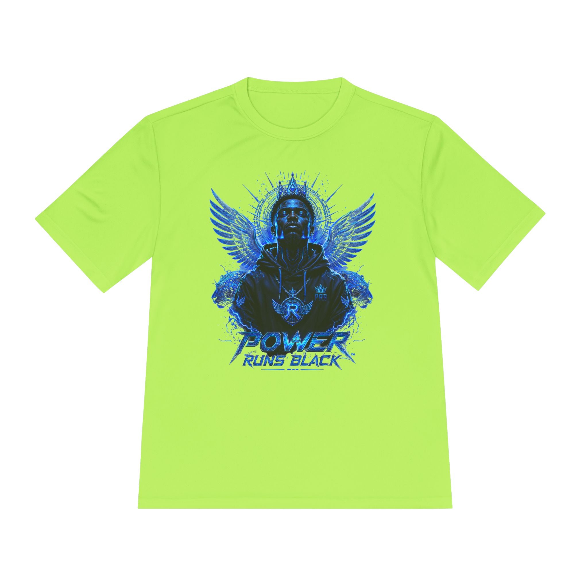 Power Runs Black graphic Tee | Blue angel wings, armored figure, bold script by Power Runs Black