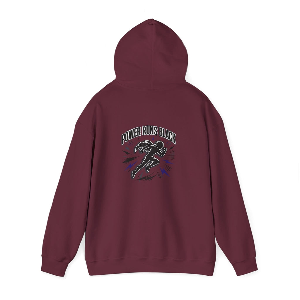 Power Runs Black Hoodie — Bold Graphic Athletic Streetwear by Printify