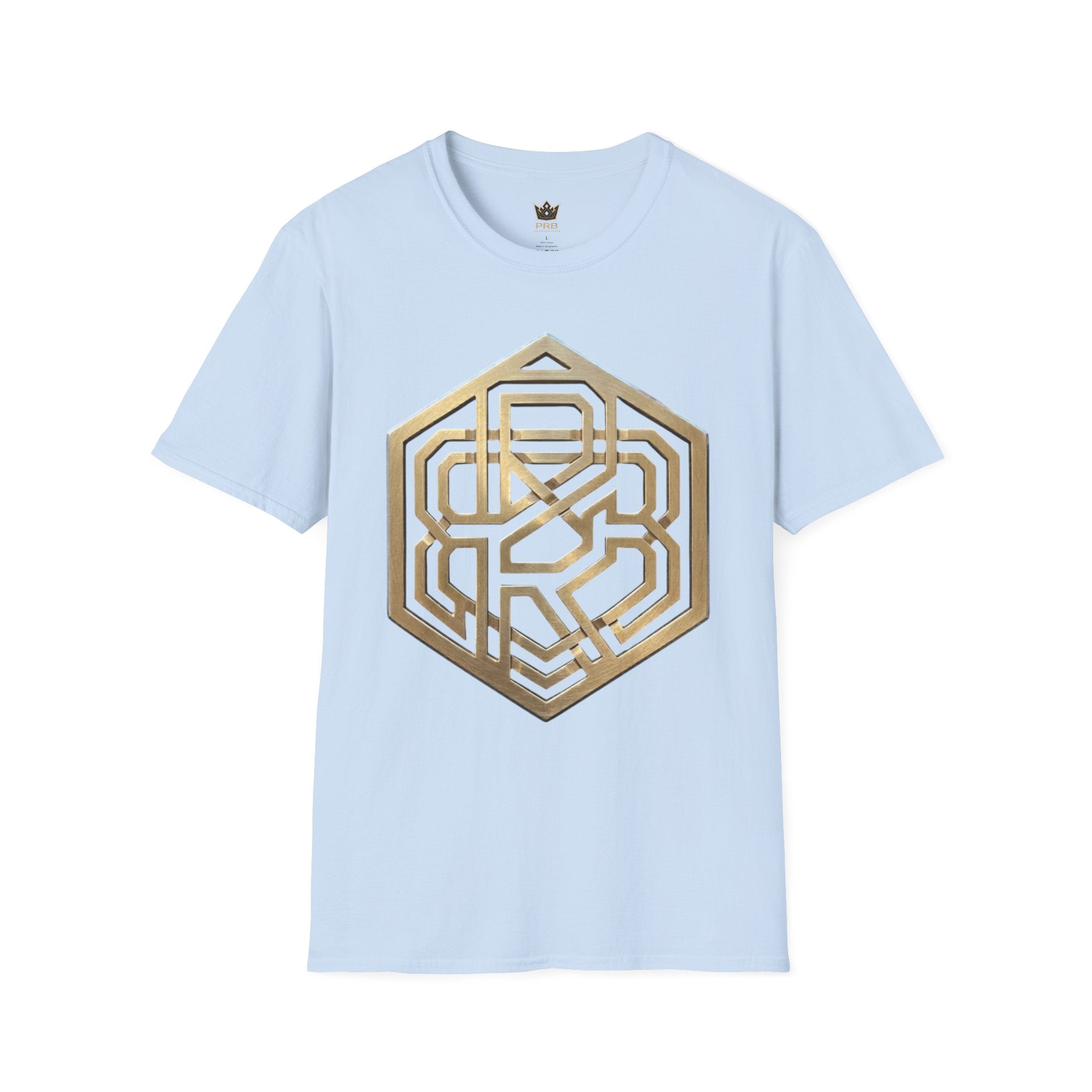 Power Runs Black PRB Geometric Gold Hexagon T-Shirt — Modern Maze Logo Tee by Printify