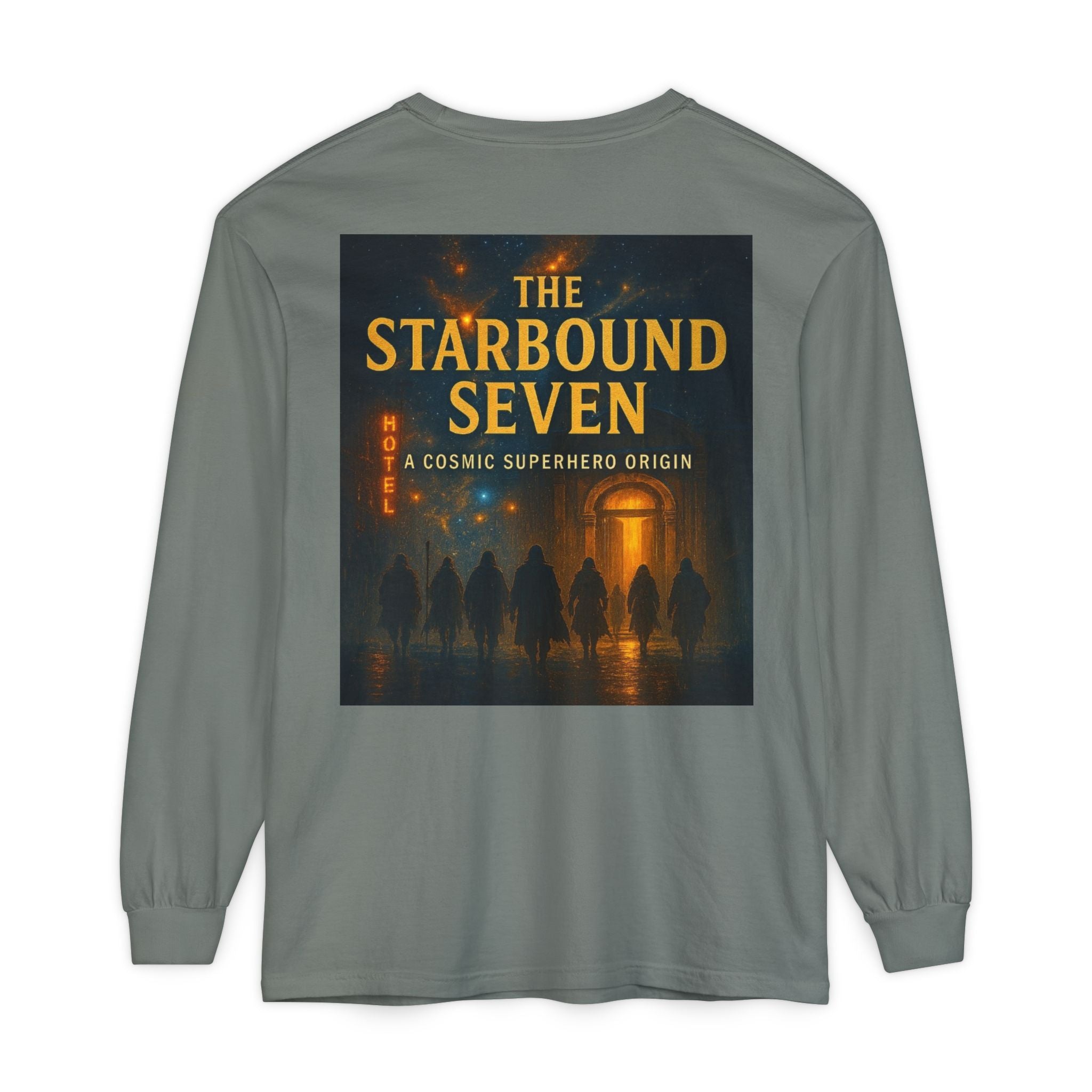 PRB The Starbound Seven graphic long sleeve shirt | cosmic superhero poster by Power Runs Black