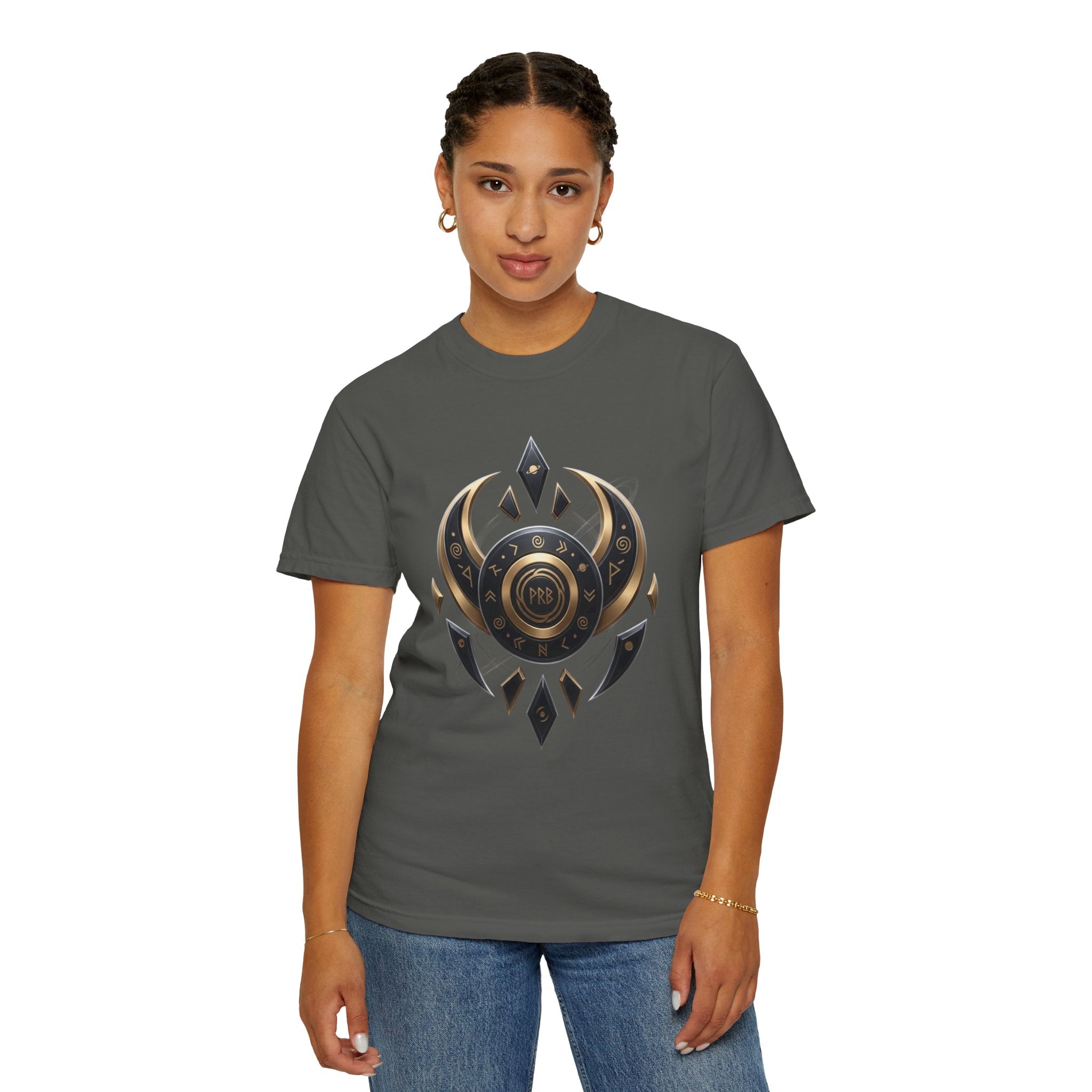 Power Runs Black Mystic Compass Disc T-Shirt — Geometric Gold & Black Emblem Tee by Printify