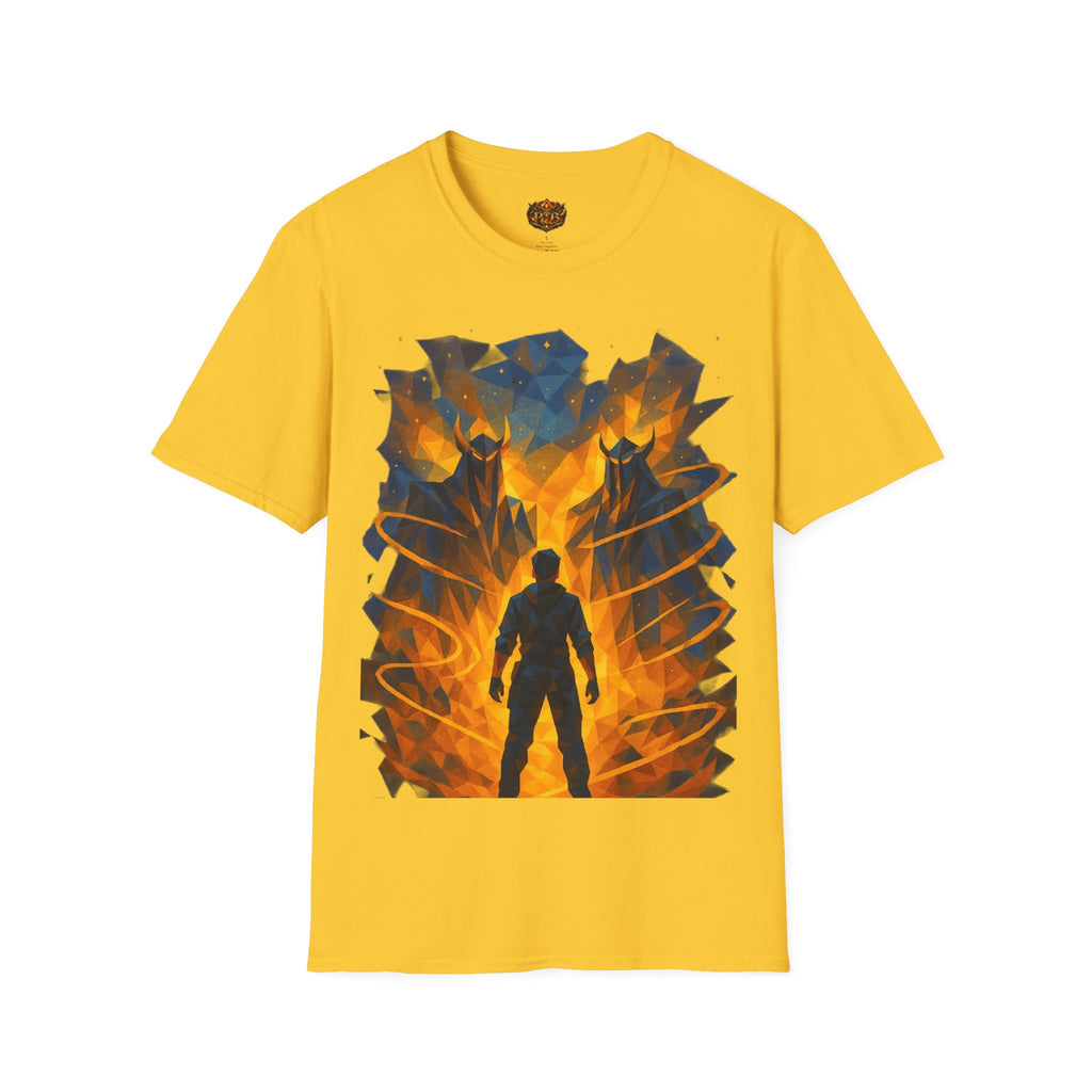 PRB Flame Silhouette Warrior T-Shirt | Fiery Geometric Backdrop by Power Runs Black