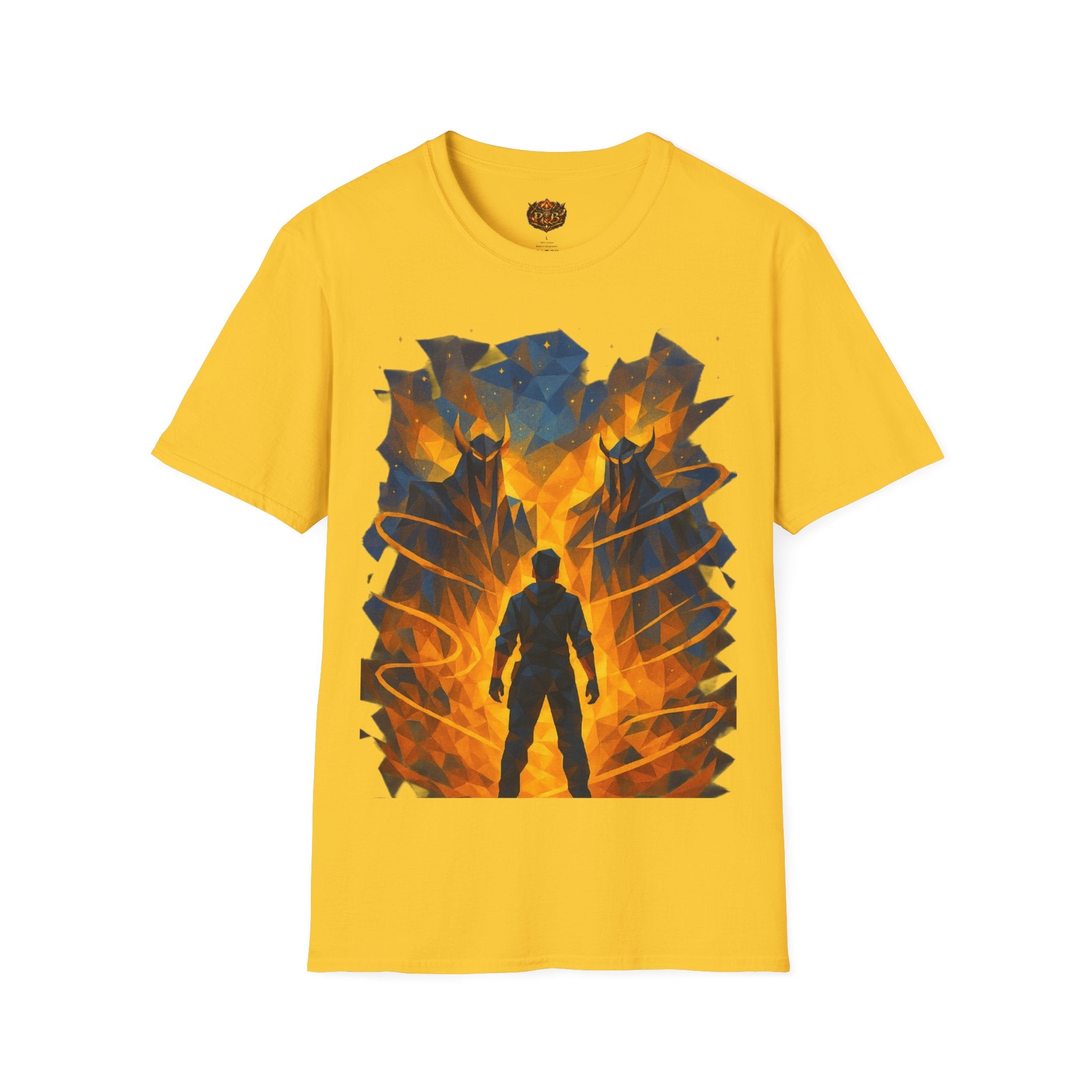 PRB Flame Silhouette Warrior T-Shirt | Fiery Geometric Backdrop by Power Runs Black