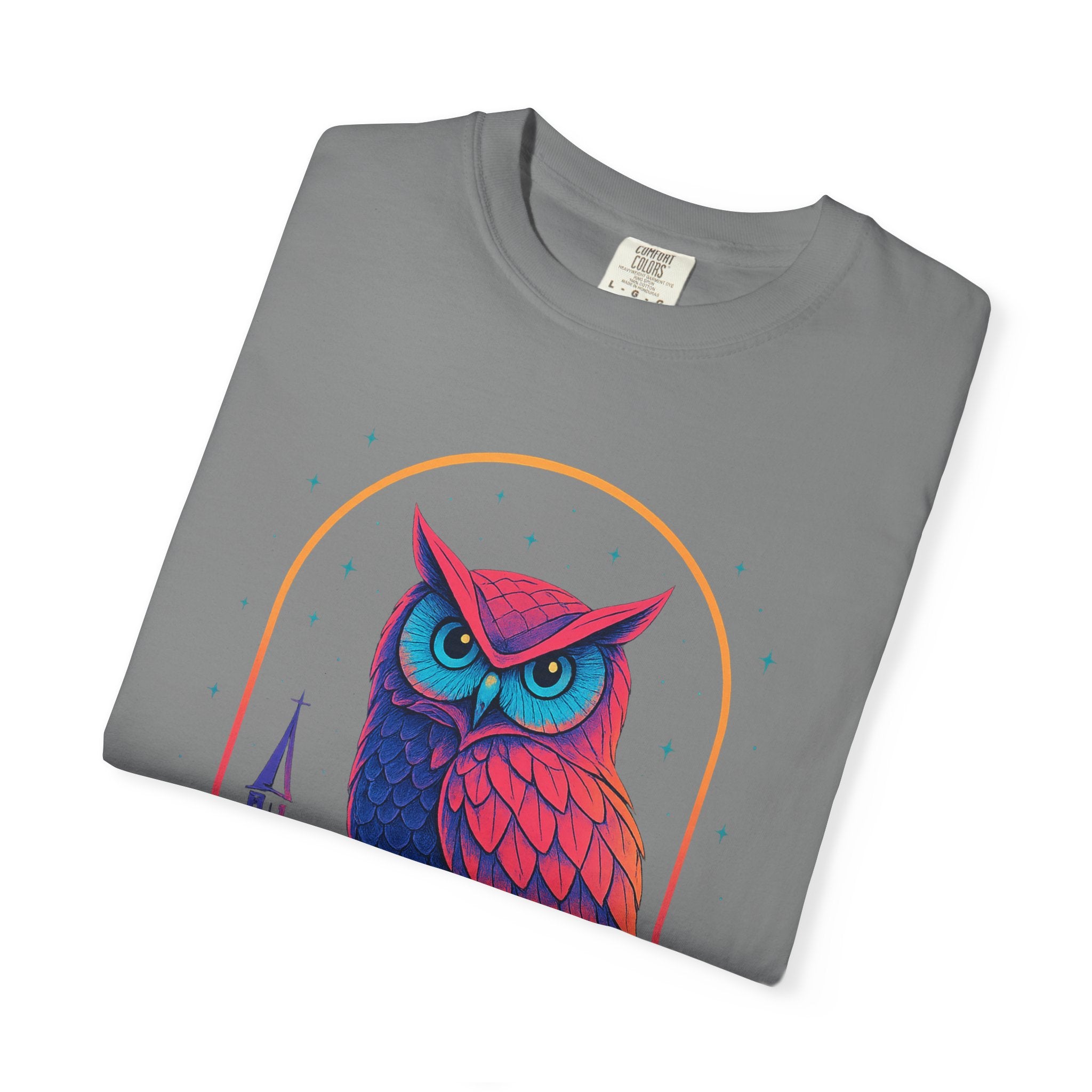 Neon Owl Illustration T-Shirt | Night Church Graphic Tee by Printify