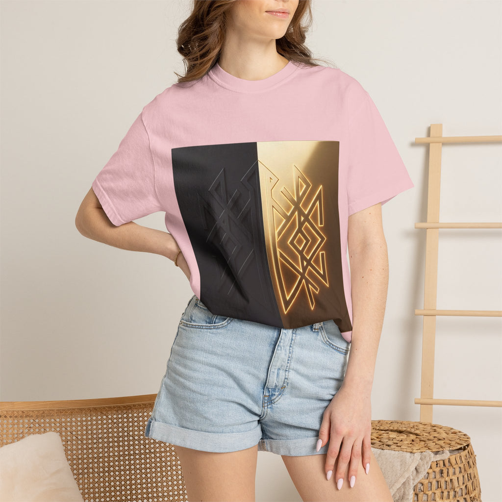 Power Runs Black PRB Geometric Split Glow T-Shirt — Black & Gold Tribal Diamond Graphic by Power Runs Black