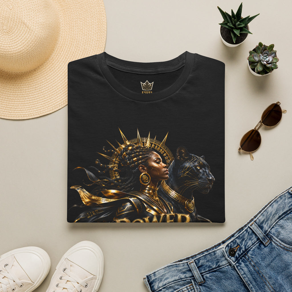 Power Runs Black PRB | Black Woman Portrait, Gold Accents Panther Graphics T by Printify