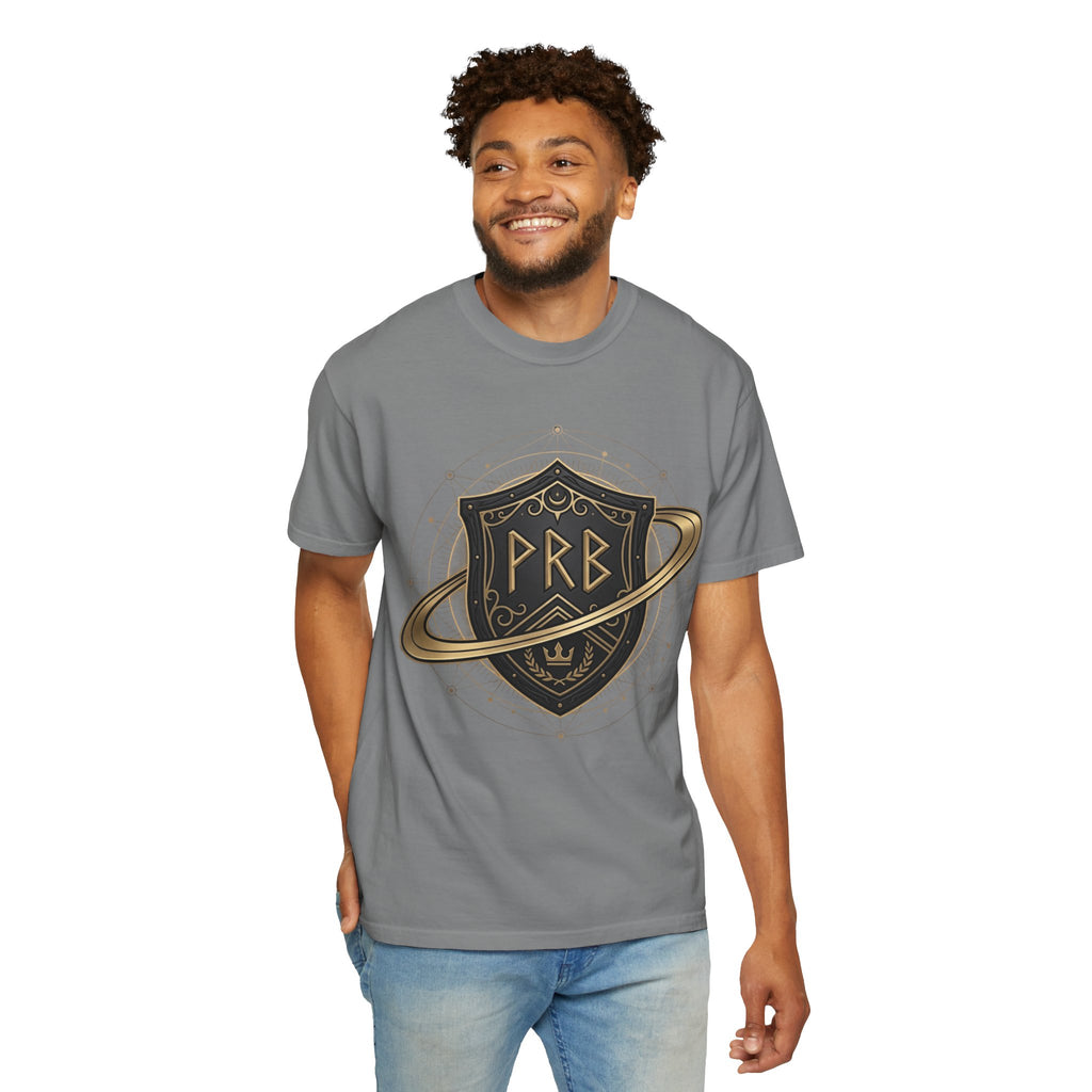 Power Runs Black Astral Crest Shield PRB T-Shirt | Saturn Ring Emblem, Gothic Heraldry by Printify