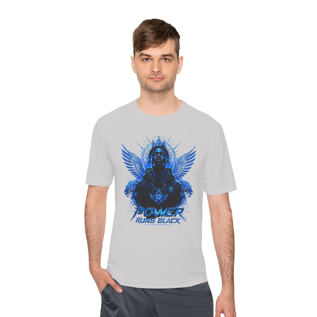 Power Runs Black graphic Tee | Blue angel wings, armored figure, bold script by Power Runs Black