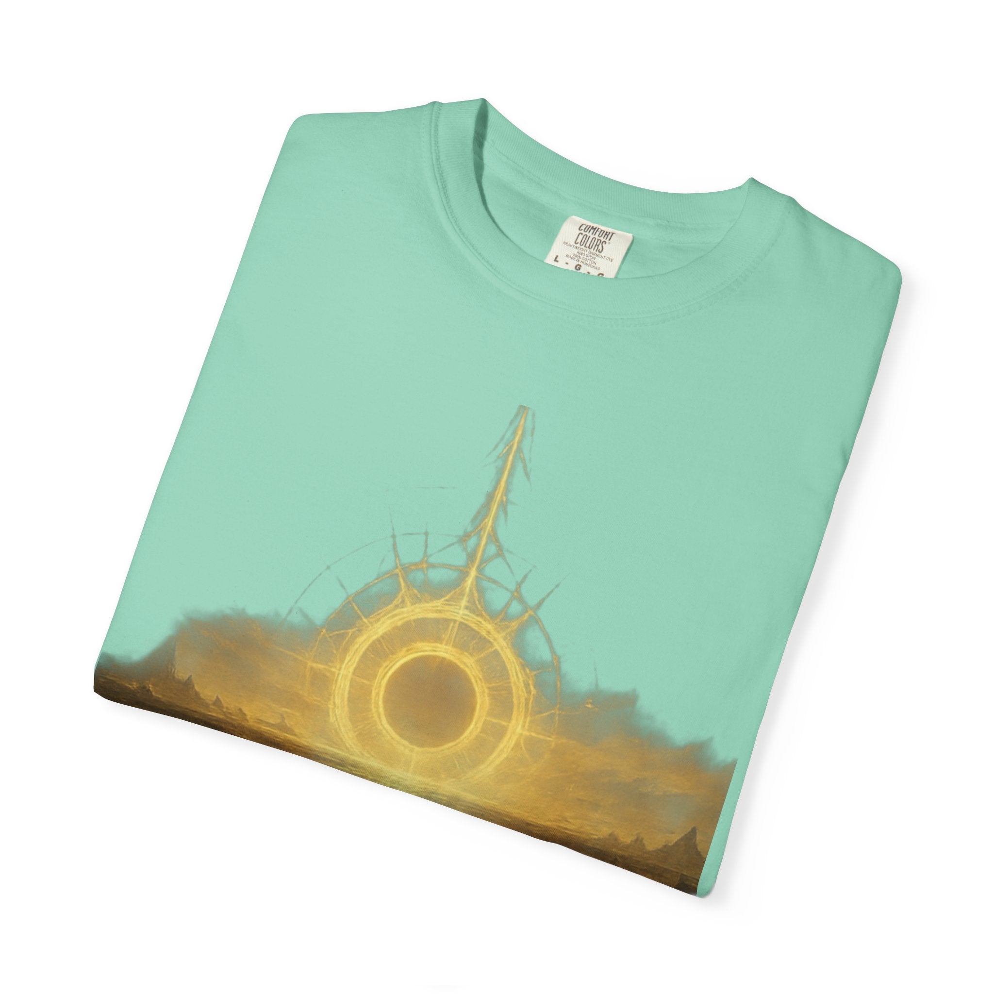 Power Runs Black PRB Golden Eclipse Portal T-shirt | Fantasy Landscape, Mystic Ring, Tower Art by Power Runs Black