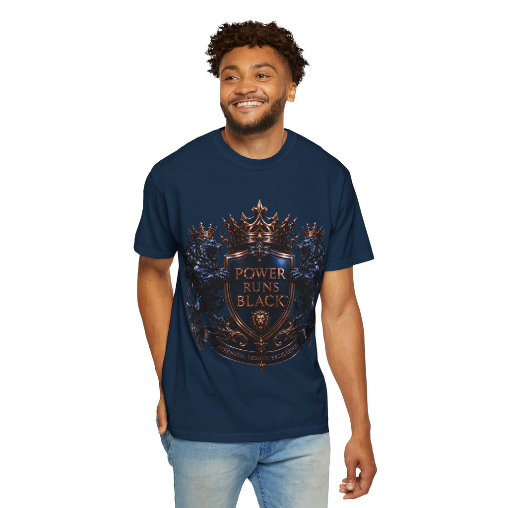 Power Runs Black Crest T-shirt | Heraldic Lion Shield Tee by Power Runs Black
