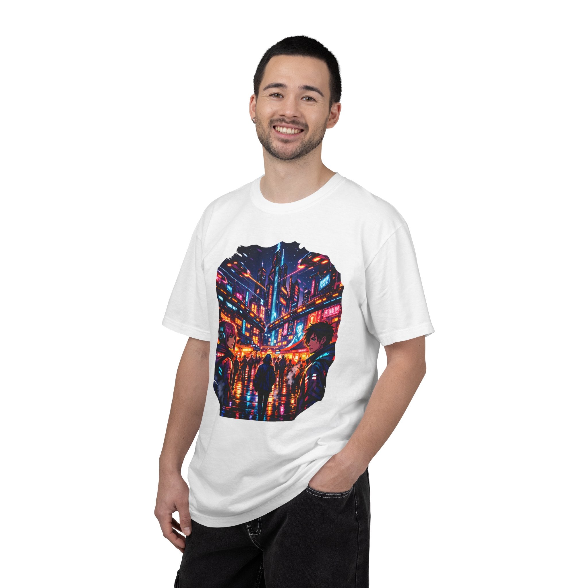 PRB Neon Cyberpunk Cityscape T-shirt | Anime Night Rain Streets by Power Runs Black