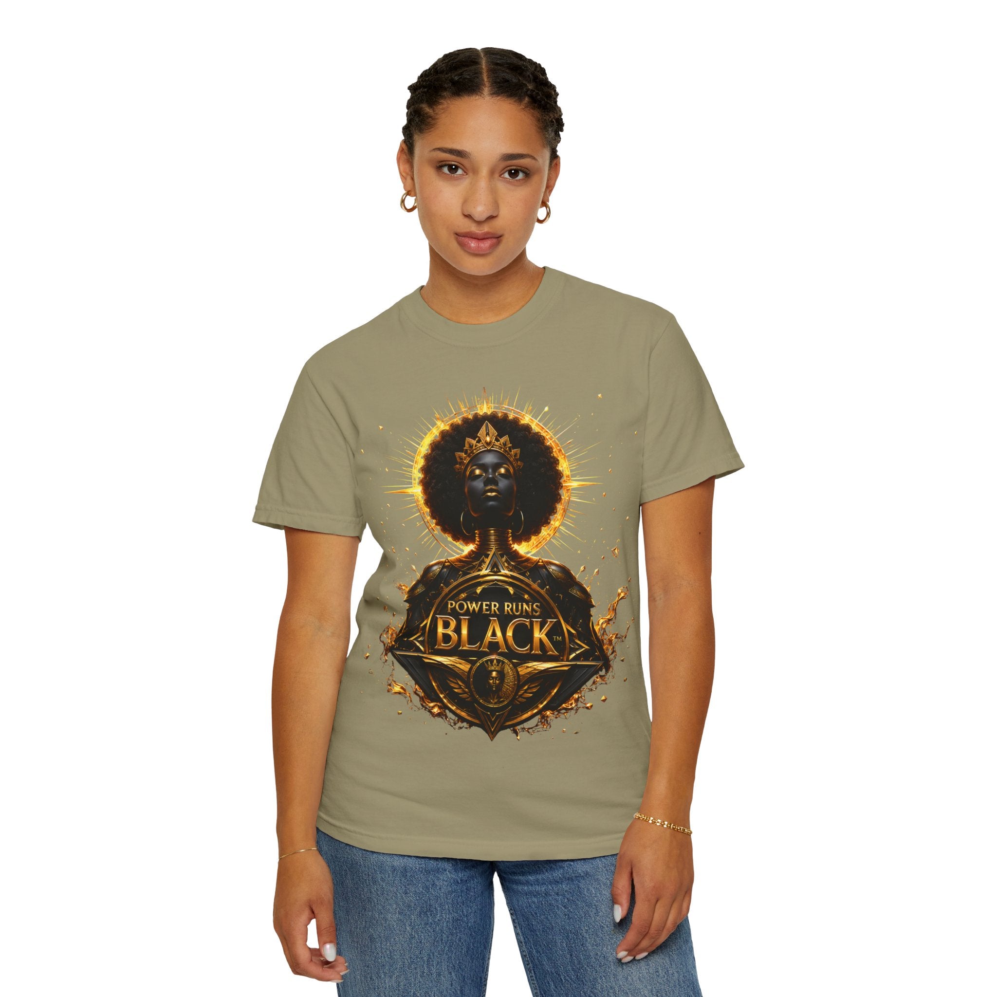 Power Runs Black goddess illustration T-Shirt | Afrocentric black pride design by Power Runs Black