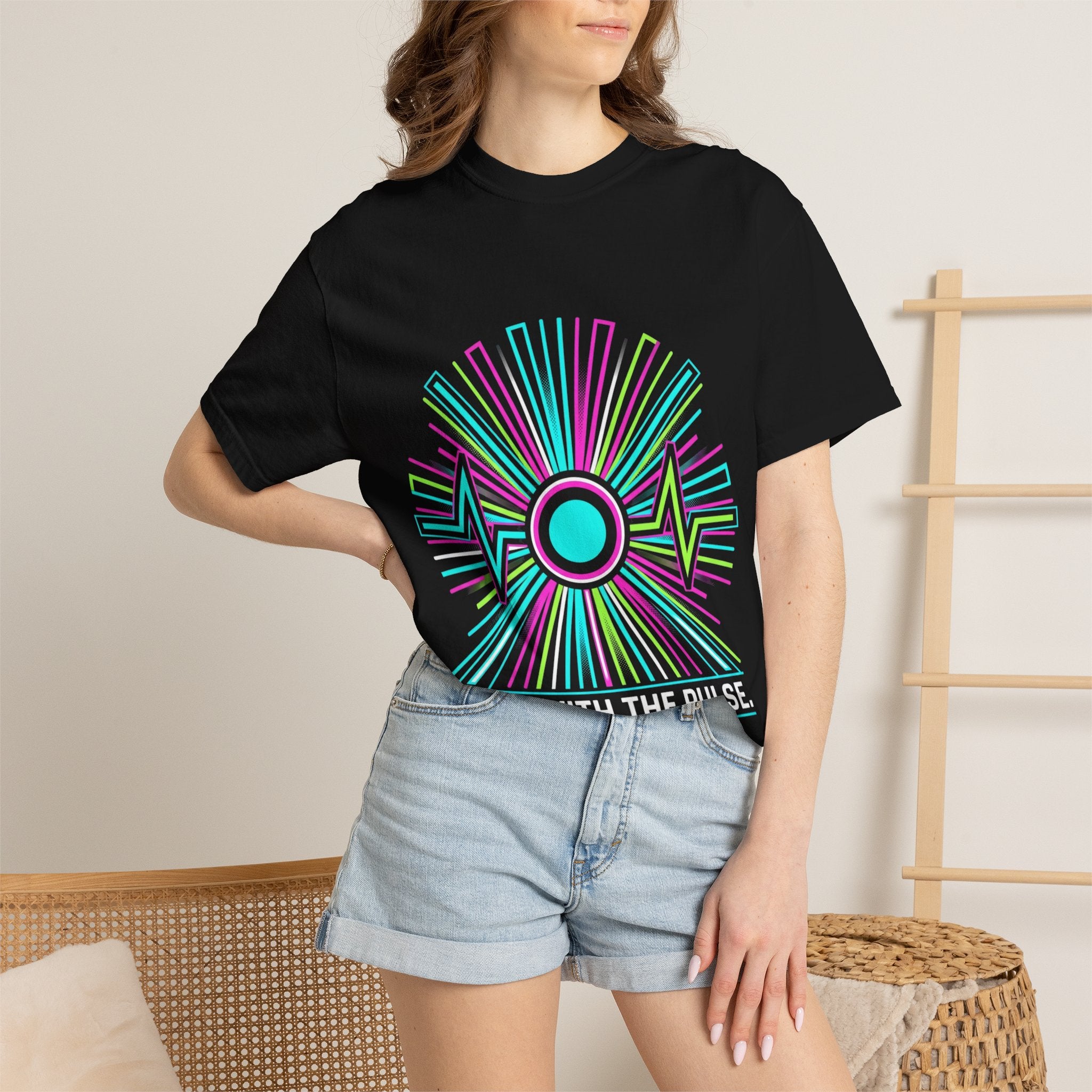 Power Runs Black PRB Electric "Move With Pulse" Graphic T-Shirt — Neon Sunburst Design by Printify