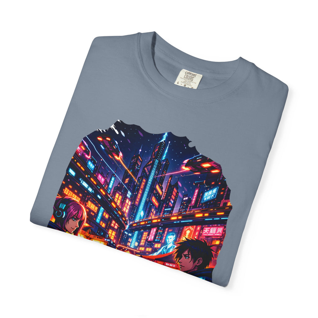 PRB Neon Cyberpunk Cityscape T-shirt | Anime Night Rain Streets by Power Runs Black