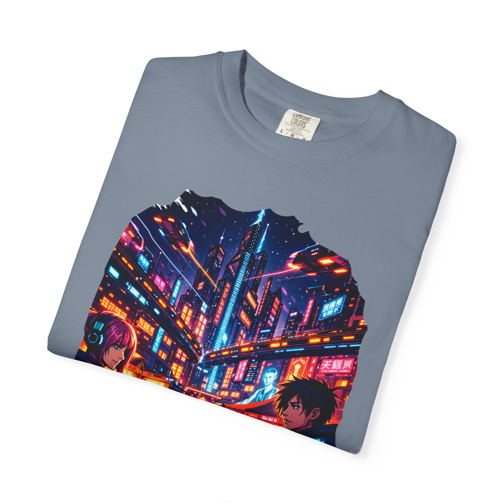 PRB Neon Cyberpunk Cityscape T-shirt | Anime Night Rain Streets by Power Runs Black