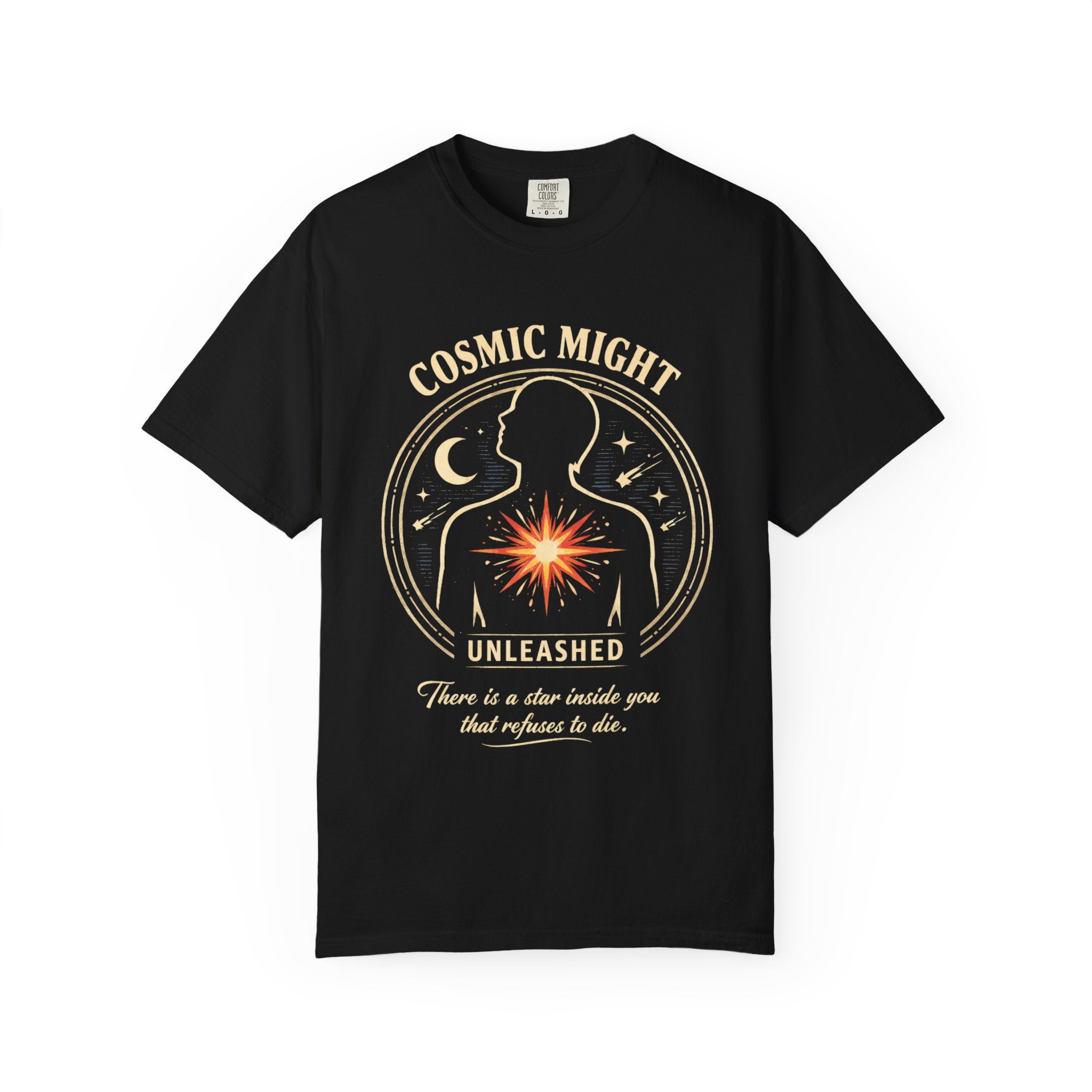 PRB Starforged Flex Cosmic Might T-Shirt — "Unleashed" Astral Heart Graphic Tee by Power Runs Black