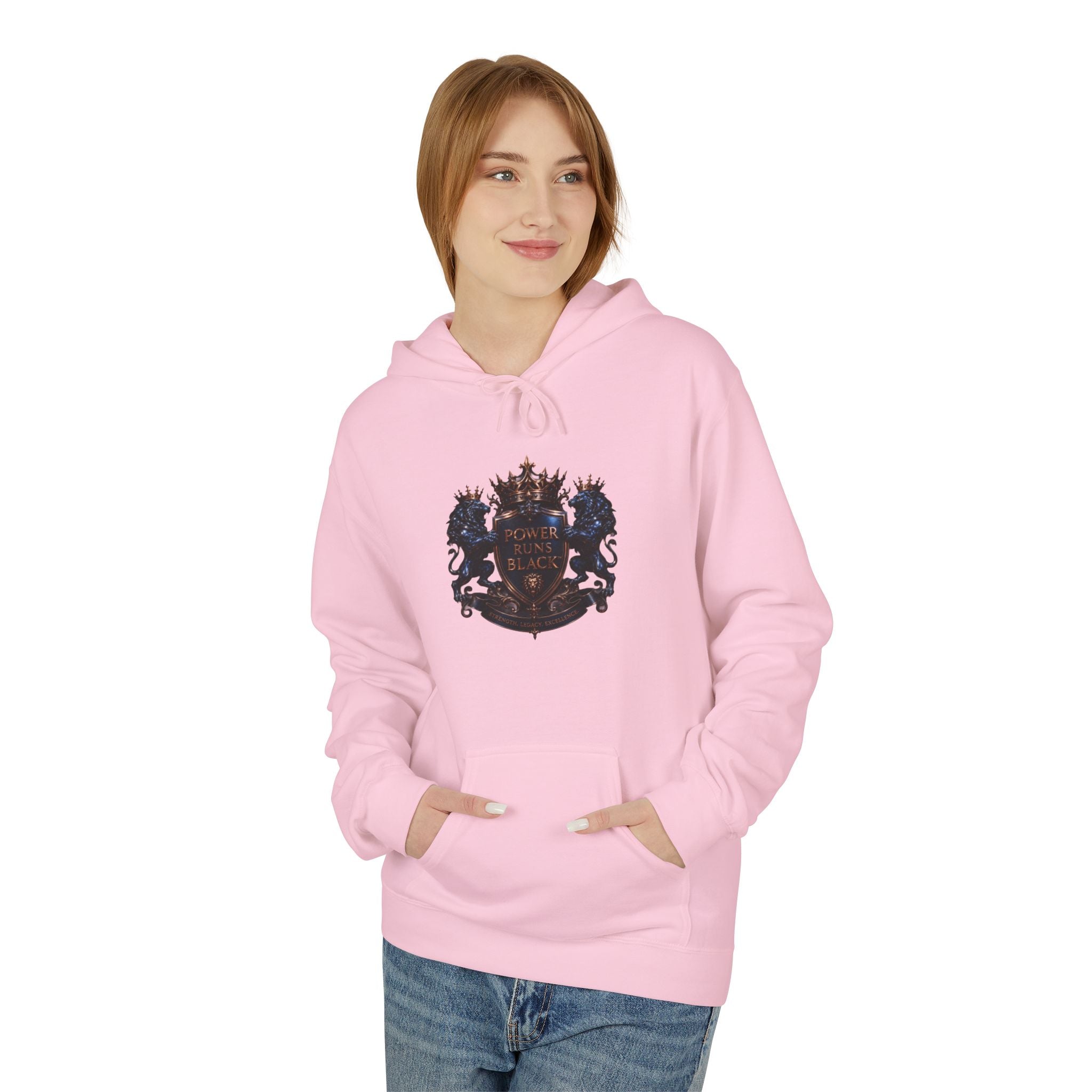 Power Runs Black crest hoodie | medieval shield with lions and wings by Power Runs Black