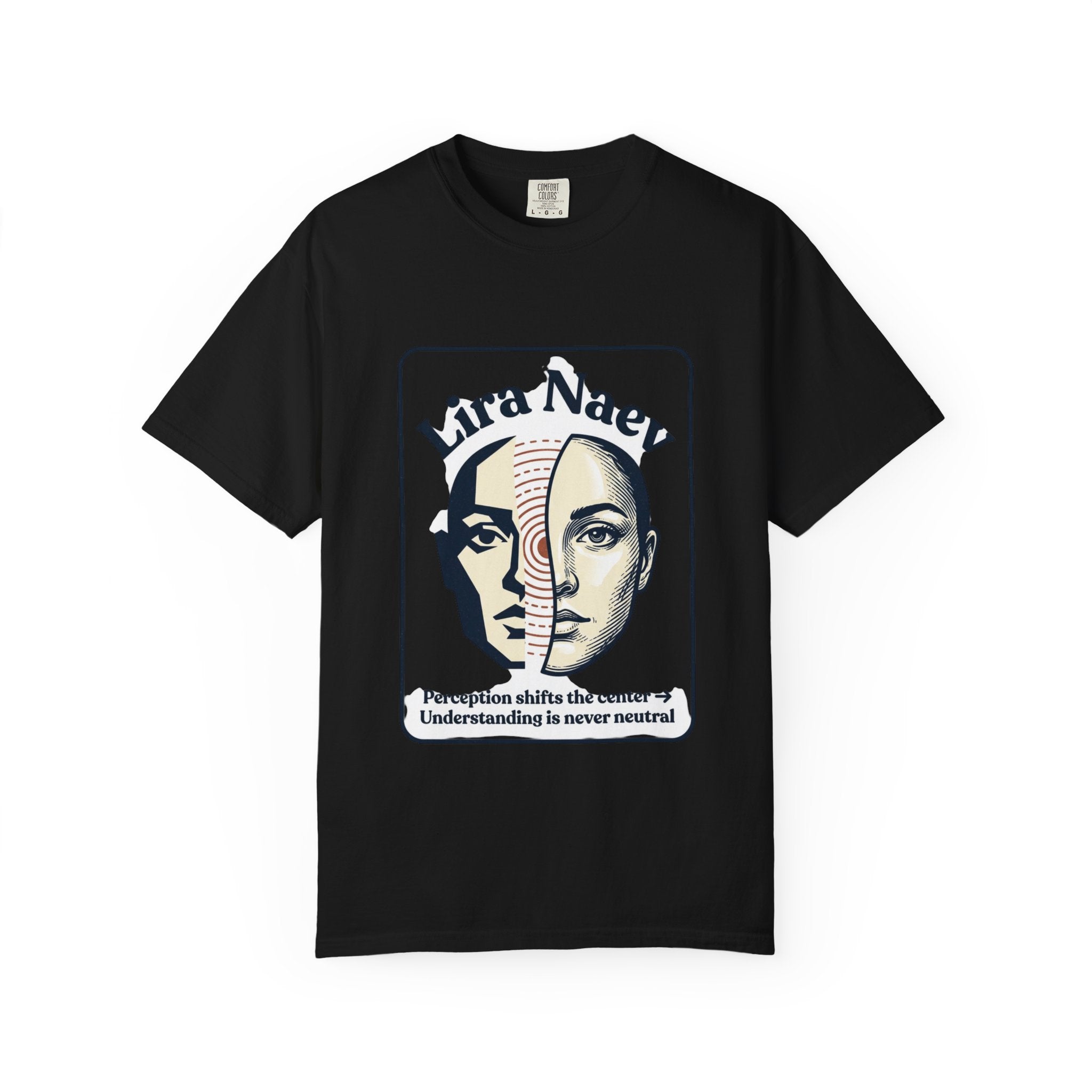 Power Runs Black PRB Lira Naev Split-Face Graphic T-Shirt — “Perception shifts the center” Statement Tee by Power Runs Black