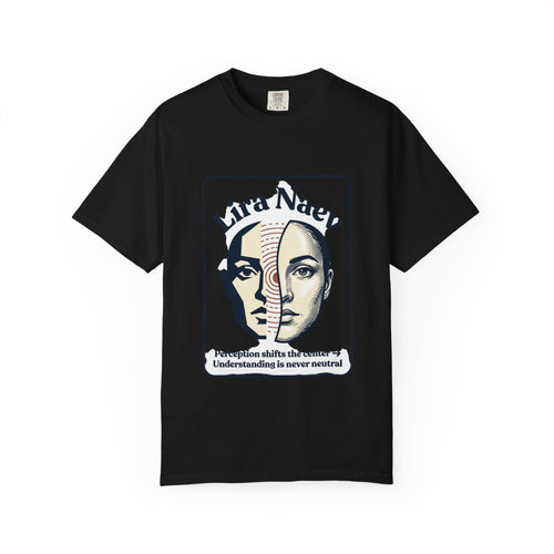 Power Runs Black PRB Lira Naev Split-Face Graphic T-Shirt — “Perception shifts the center” Statement Tee by Printify
