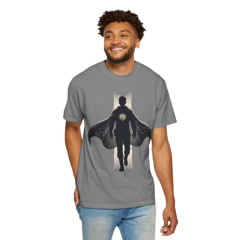 Power Runs Black Silhouette PRB Superhero with Cape T-shirt | Night Sky Emblem, Graphic Tee by Printify