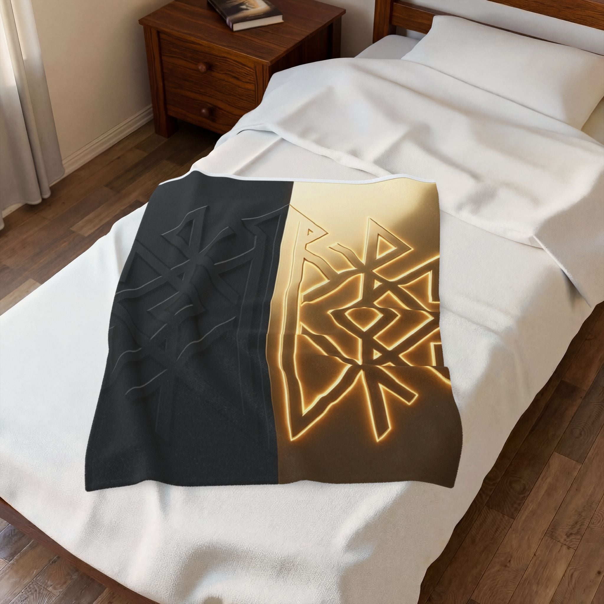 Power Runs Black PRB Velveteen Plush Blanket — Geometric Gold & Black Nordic Rune Throw by Power Runs Black