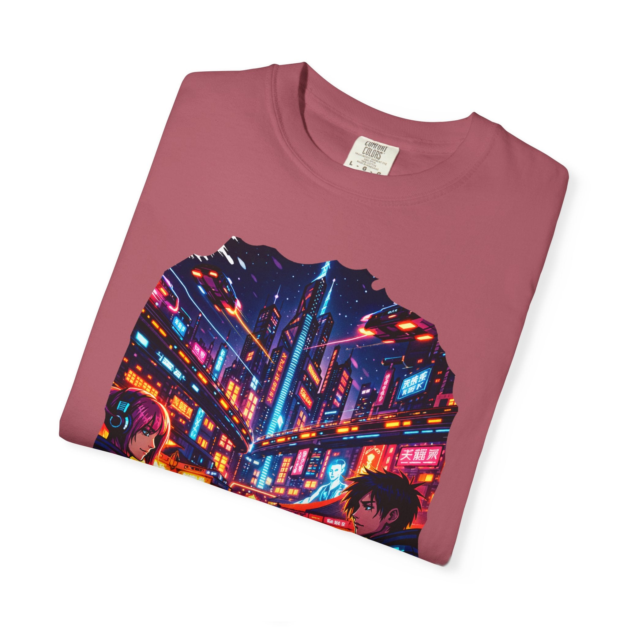 PRB Neon Cyberpunk Cityscape T-shirt | Anime Night Rain Streets by Power Runs Black