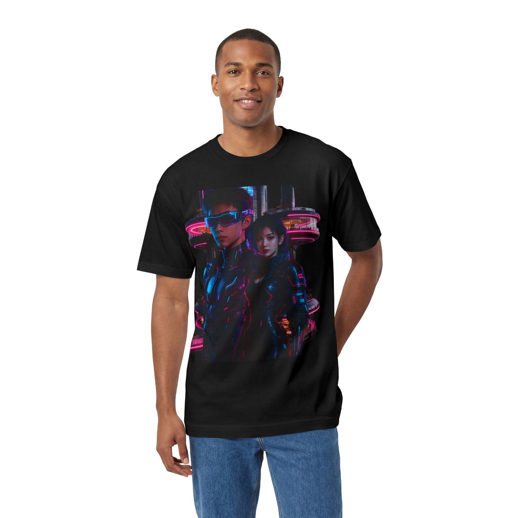 PRB Neon Tokyo Cyberpunk Couple T-Shirt | Futuristic Neon City Illustration by Power Runs Black