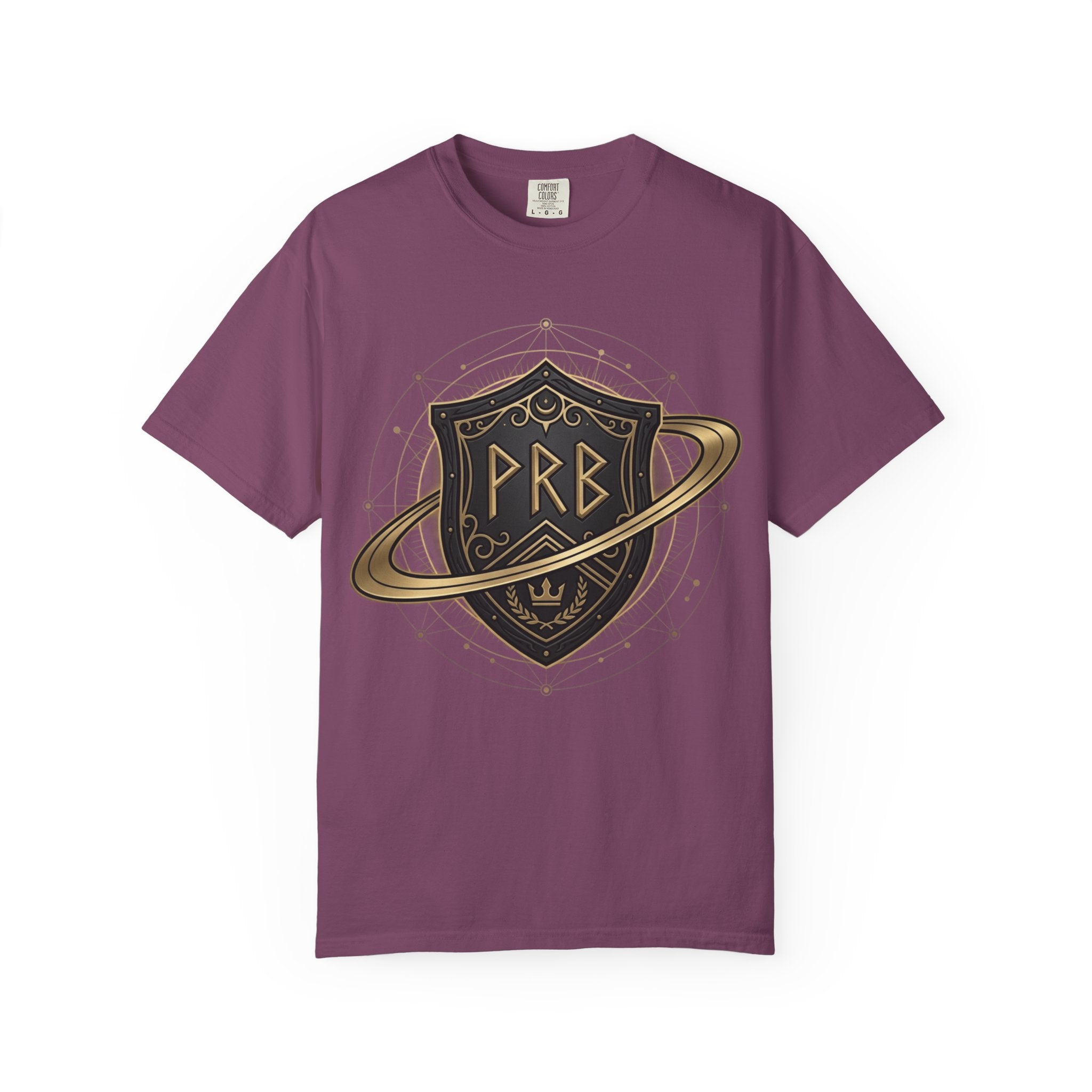 Power Runs Black Astral Crest Shield PRB T-Shirt | Saturn Ring Emblem, Gothic Heraldry by Printify