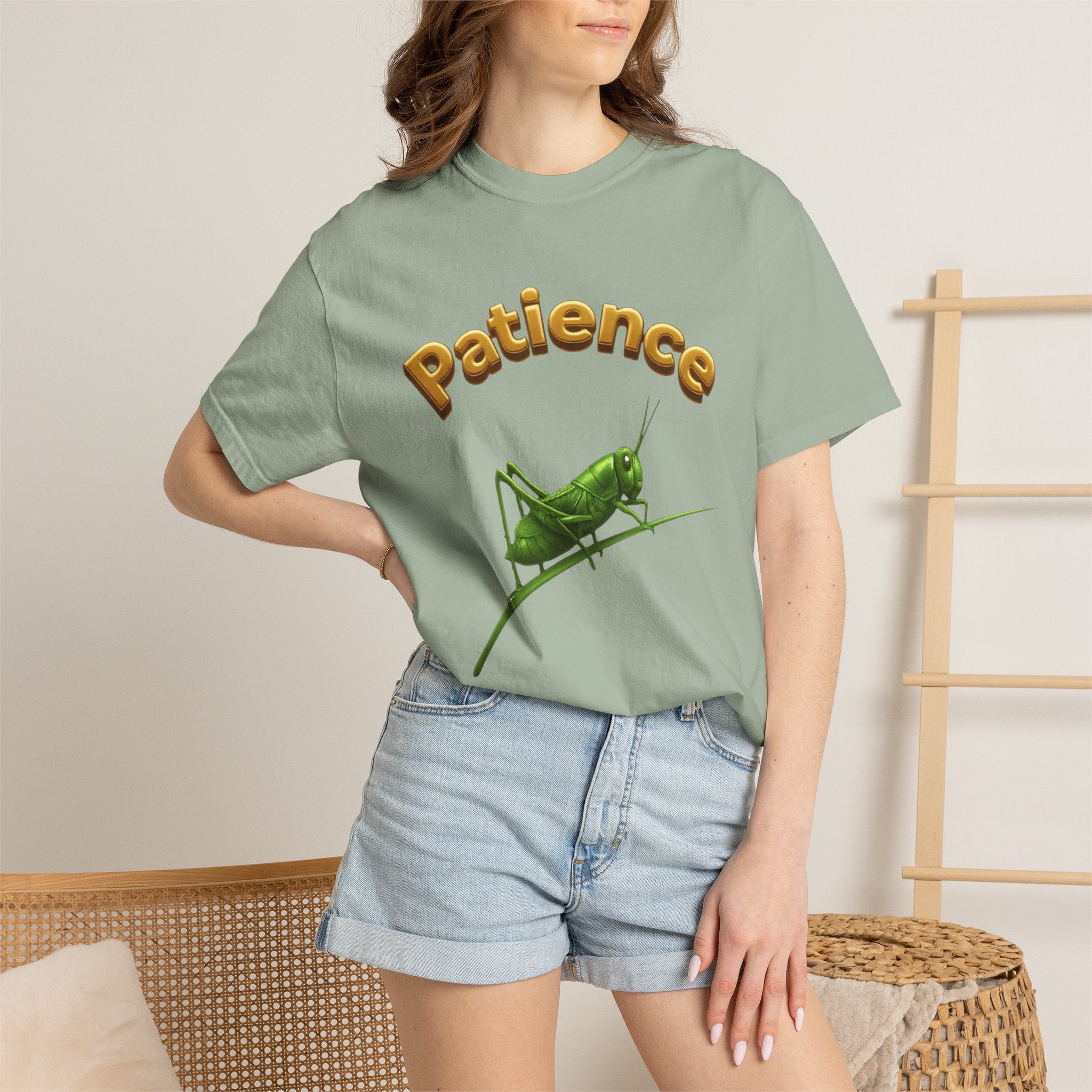 PRB Patience Grasshopper T-shirt | Green Grasshopper Illustration, Positive Quote by Printify