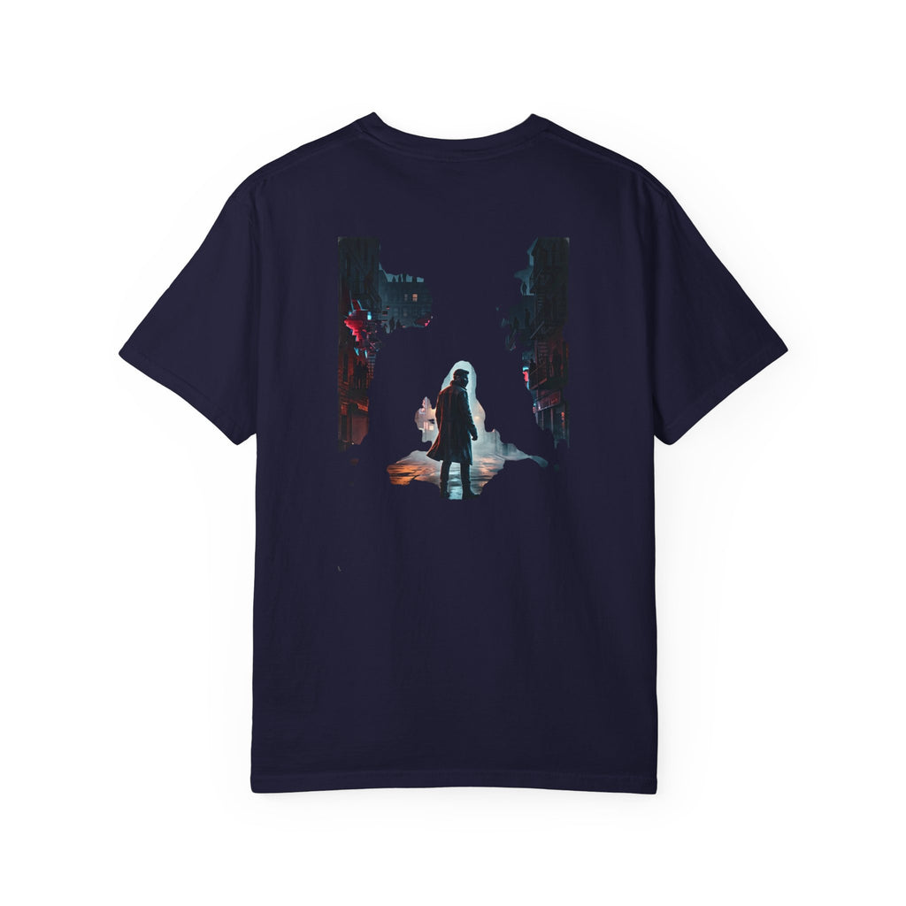 Syndication Loop Cyberpunk Portrait Tee — Tech-Noir Graphic T-Shirt | Power Runs Black by Printify