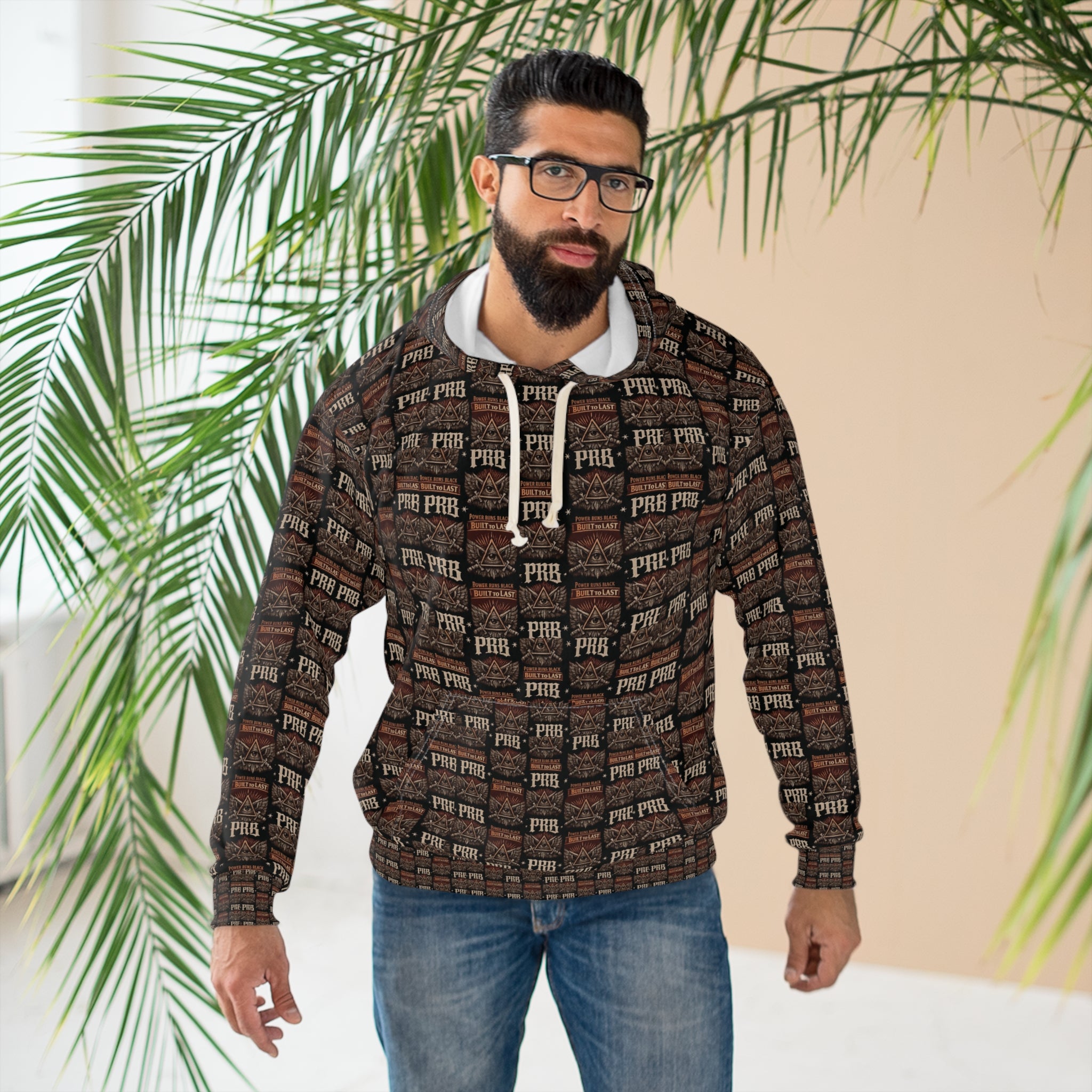 PRB Vintage Brick Wall Pattern Hoodie | Repeating 'PRB' Graphic by Power Runs Black
