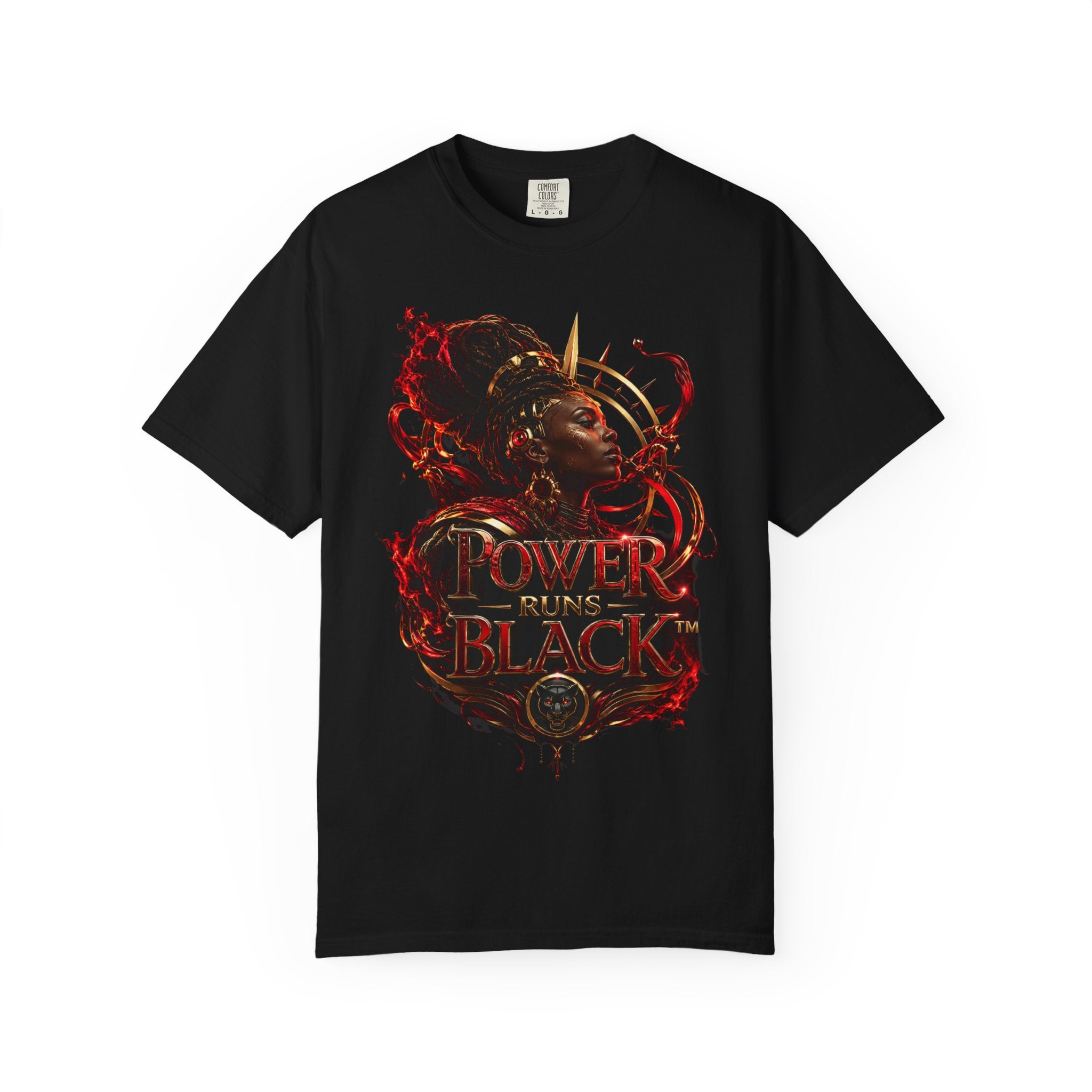 Power Runs Black T-Shirt — Afrocentric Crowned Goddess Graphic Tee by Printify