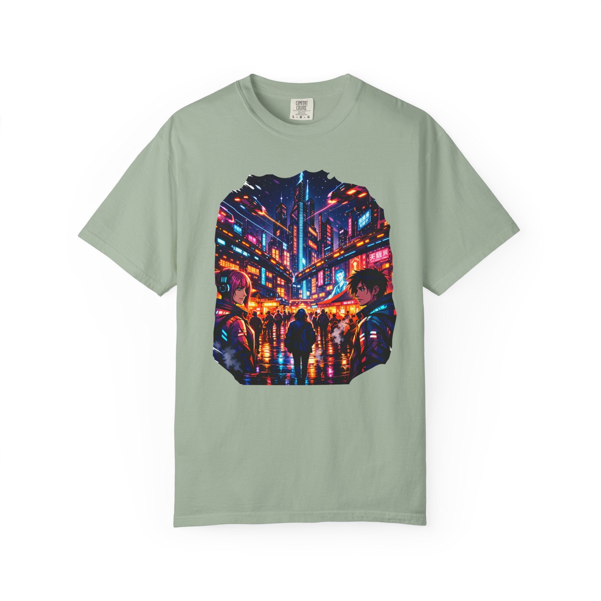 PRB Neon Cyberpunk Cityscape T-shirt | Anime Night Rain Streets by Power Runs Black