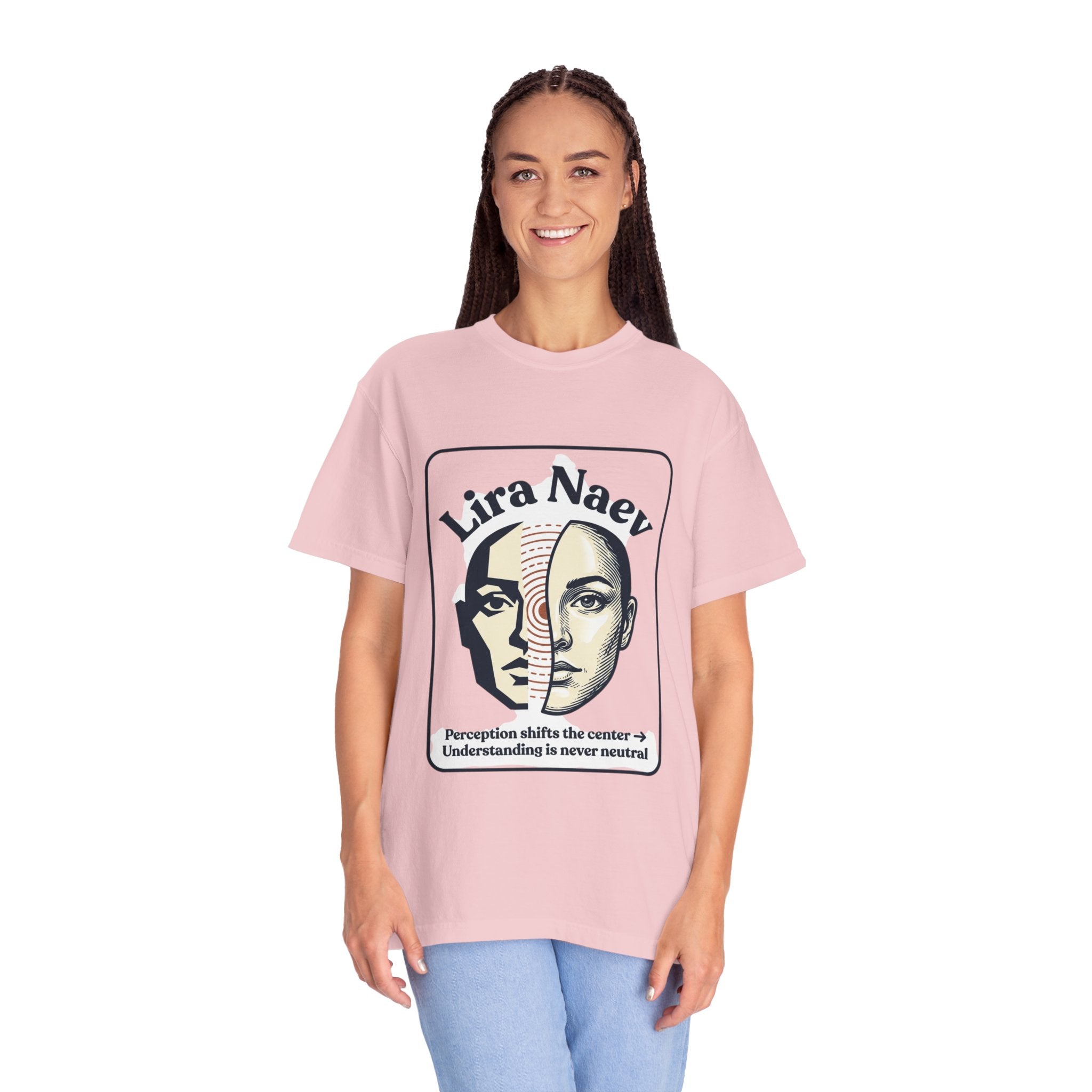 Power Runs Black PRB Lira Naev Split-Face Graphic T-Shirt — “Perception shifts the center” Statement Tee by Printify