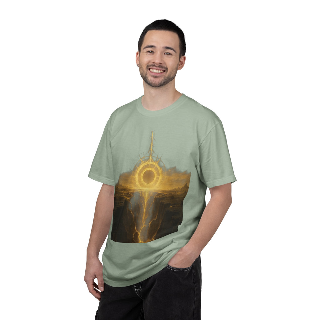 Power Runs Black PRB Golden Eclipse Portal T-shirt | Fantasy Landscape, Mystic Ring, Tower Art by Power Runs Black