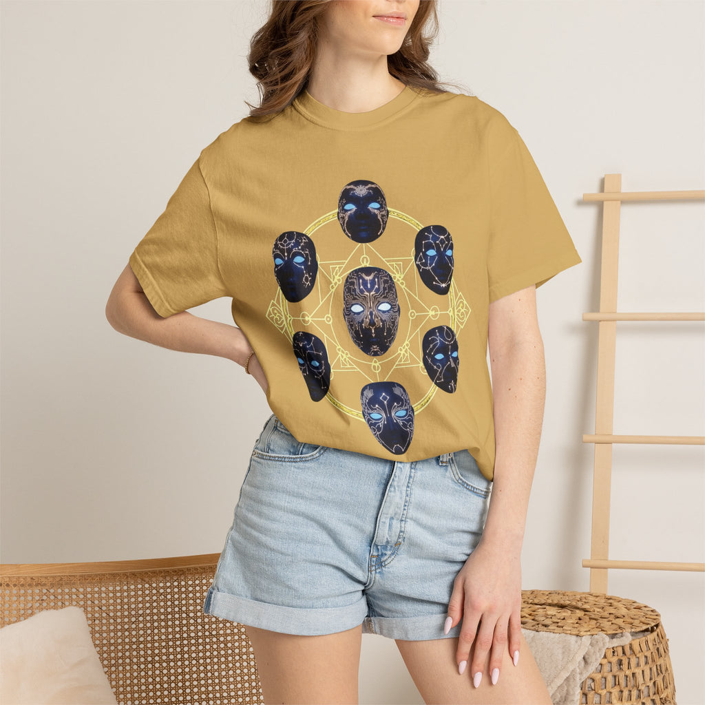 PRB Tribal Mask Circle Graphic Tee, Spiritual Afrocentric Art by Printify