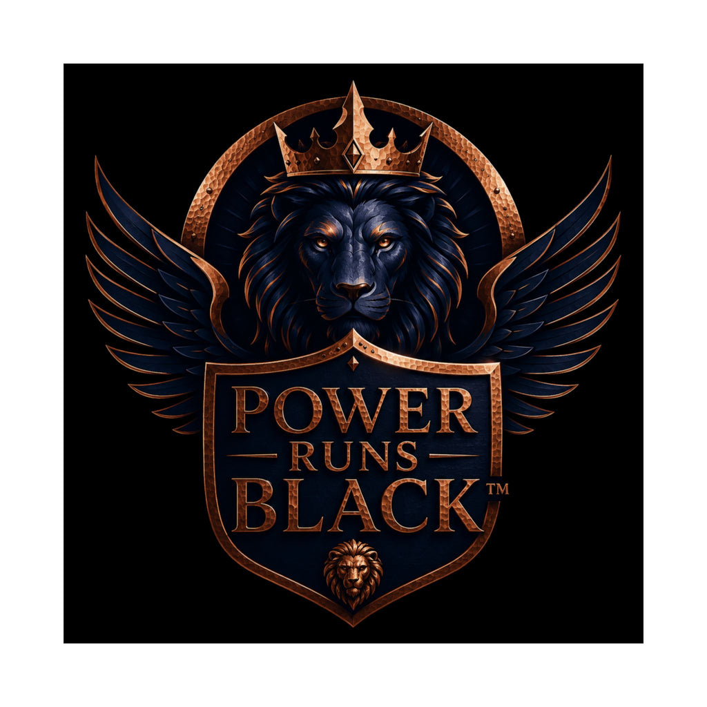 Power Runs Black Matte Poster — Regal Lion Crest Wall Art by Power Runs Black