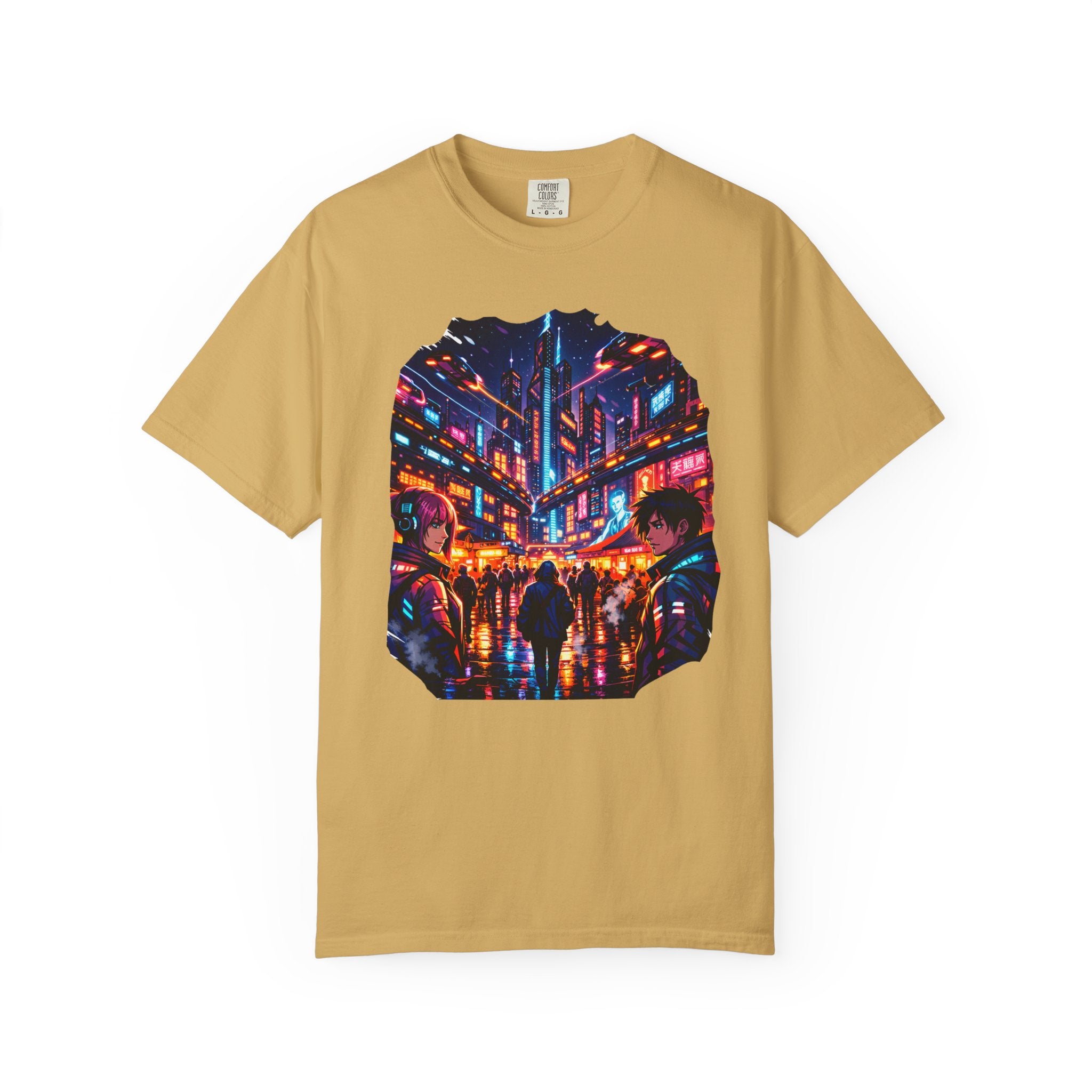 PRB Neon Cyberpunk Cityscape T-shirt | Anime Night Rain Streets by Power Runs Black