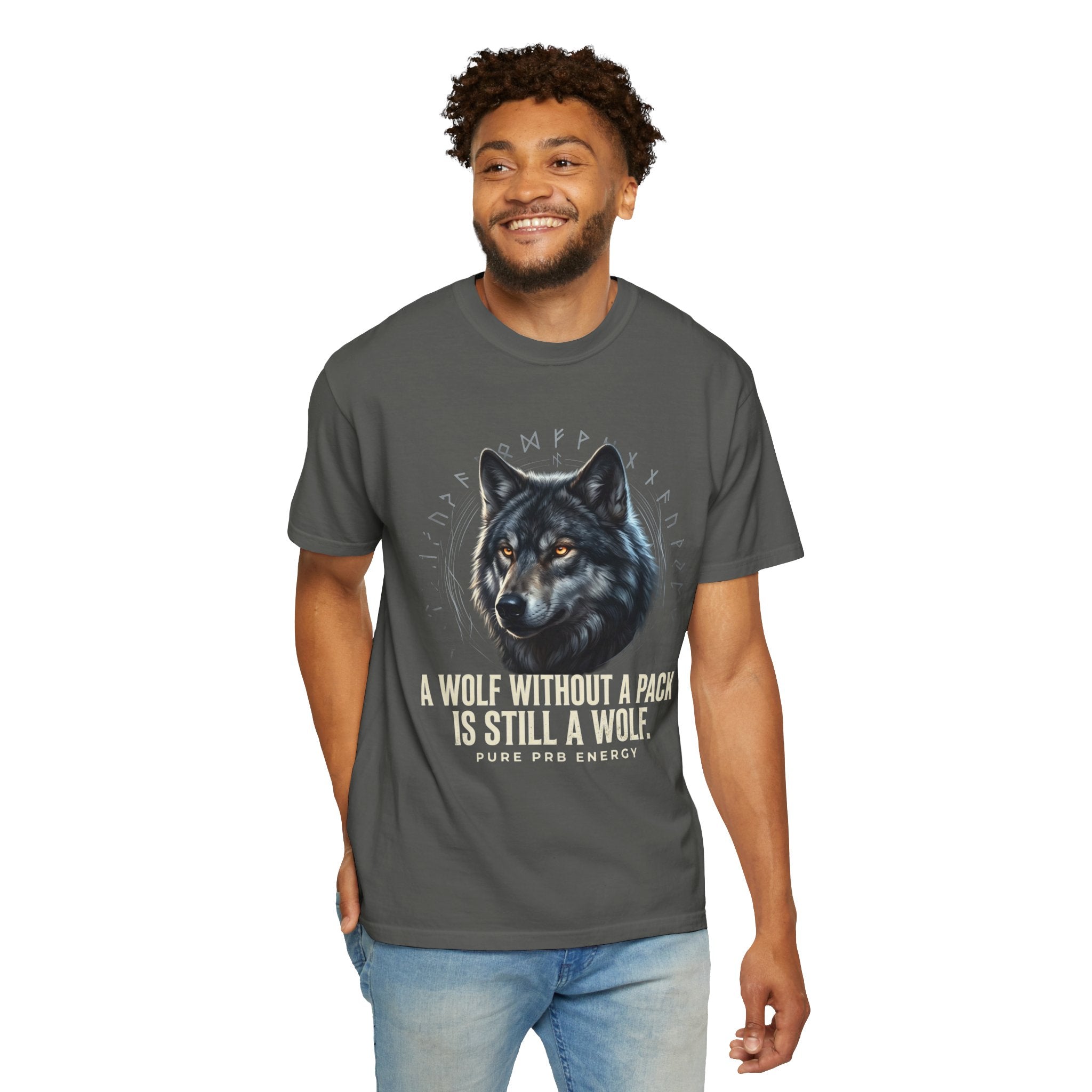 PRB Wolf Graphic T-Shirt — "A Wolf Without a Pack Is Still a Wolf" Inspirational Tee by Printify