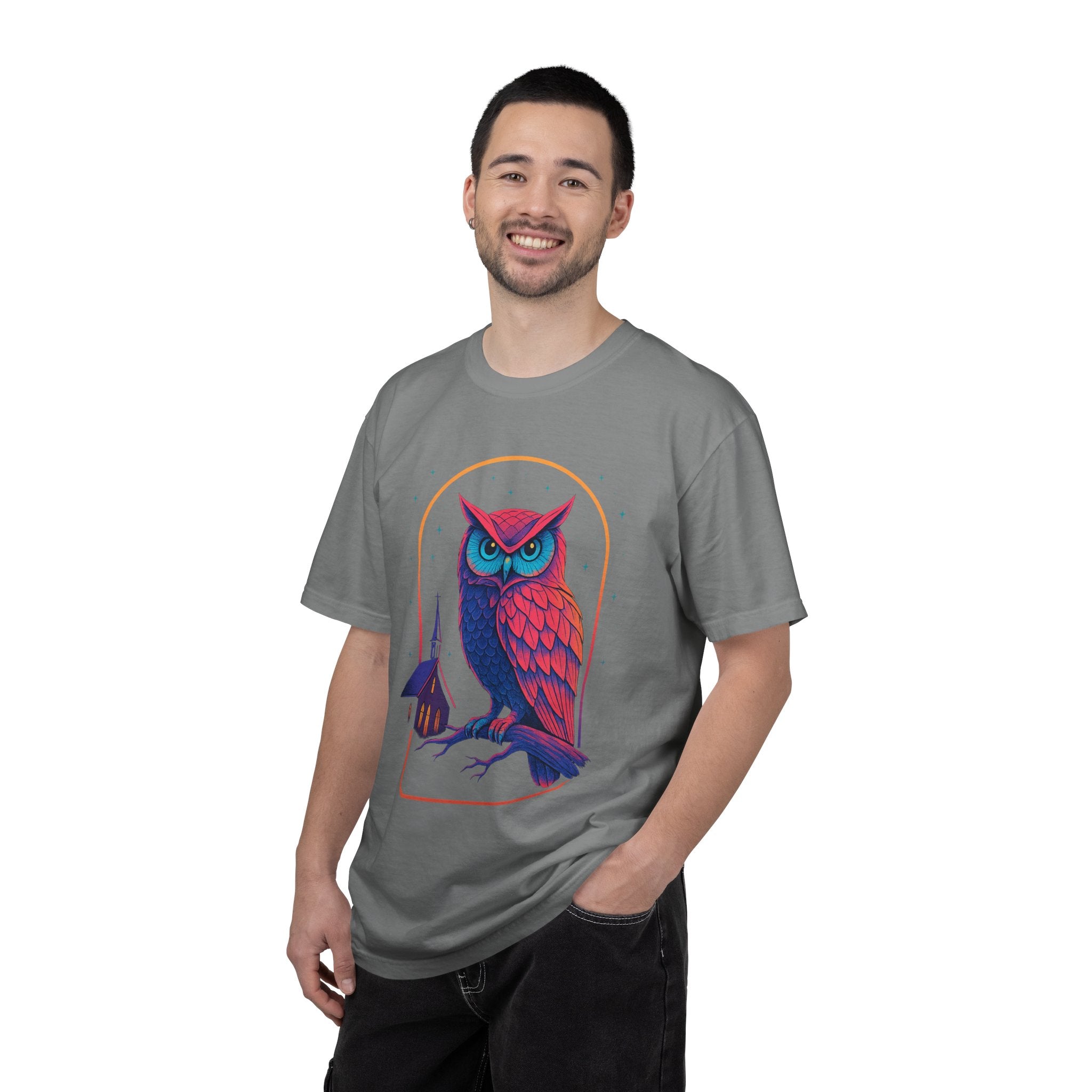 PRB Neon Owl Illustration T-Shirt | Night Church Graphic Tee by Power Runs Black
