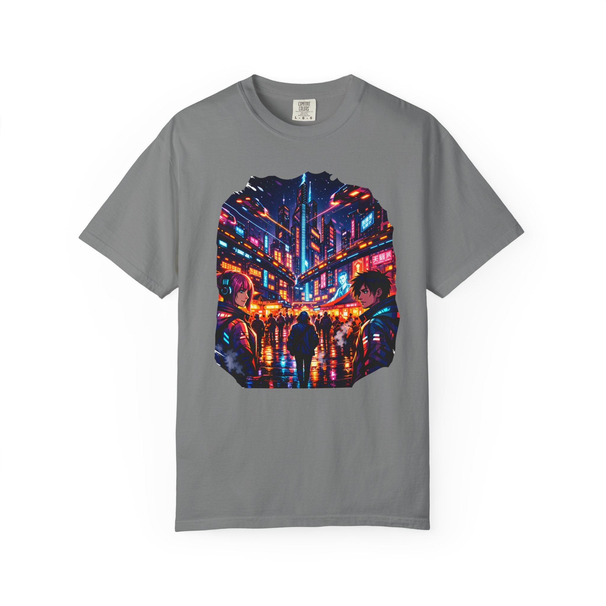 PRB Neon Cyberpunk Cityscape T-shirt | Anime Night Rain Streets by Power Runs Black