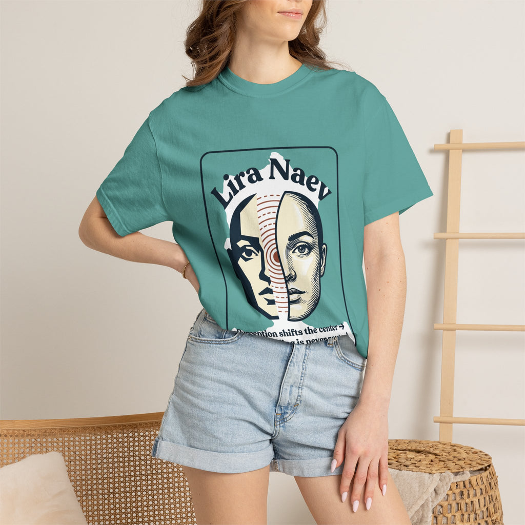 Power Runs Black PRB Lira Naev Split-Face Graphic T-Shirt — “Perception shifts the center” Statement Tee by Printify