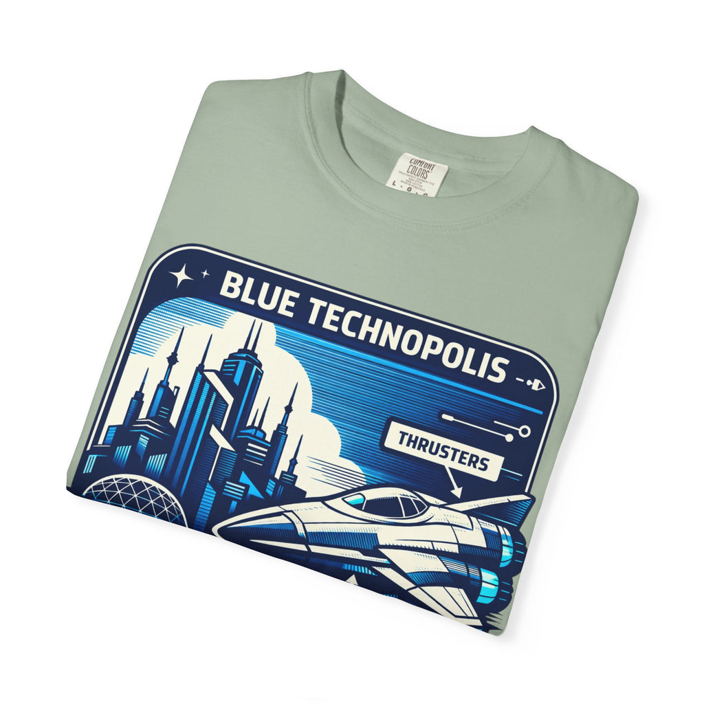 Power Runs Black PRB Technopolis Spacecraft T-Shirt — Blue Technopolis Retro Sci‑Fi Tee by Printify