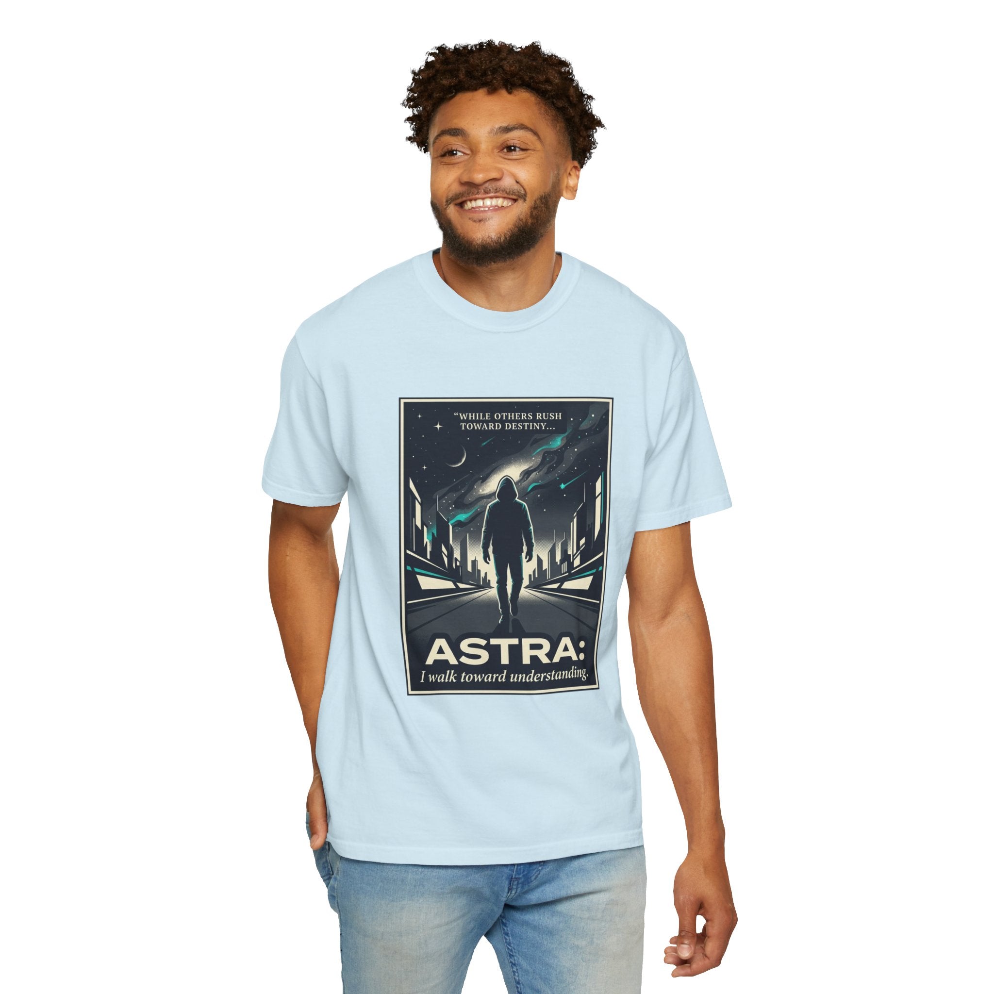 Power Runs Black Astra Sci‑Fi Graphic T-Shirt — "I walk toward understanding" Poster Design by Power Runs Black