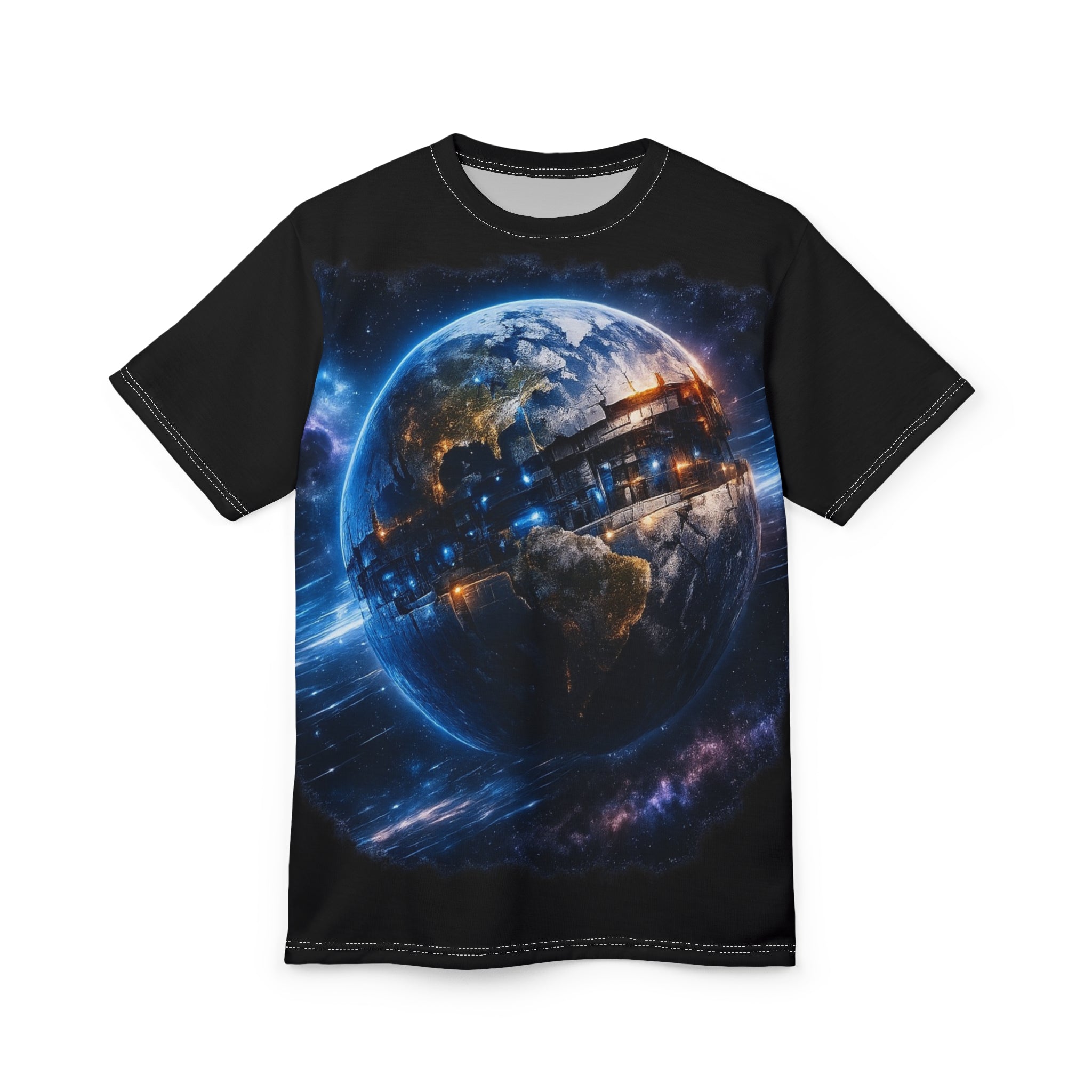 PRB Galaxy Earthscape Tee — Sci‑Fi Space Planet All‑Over Print by Power Runs Black