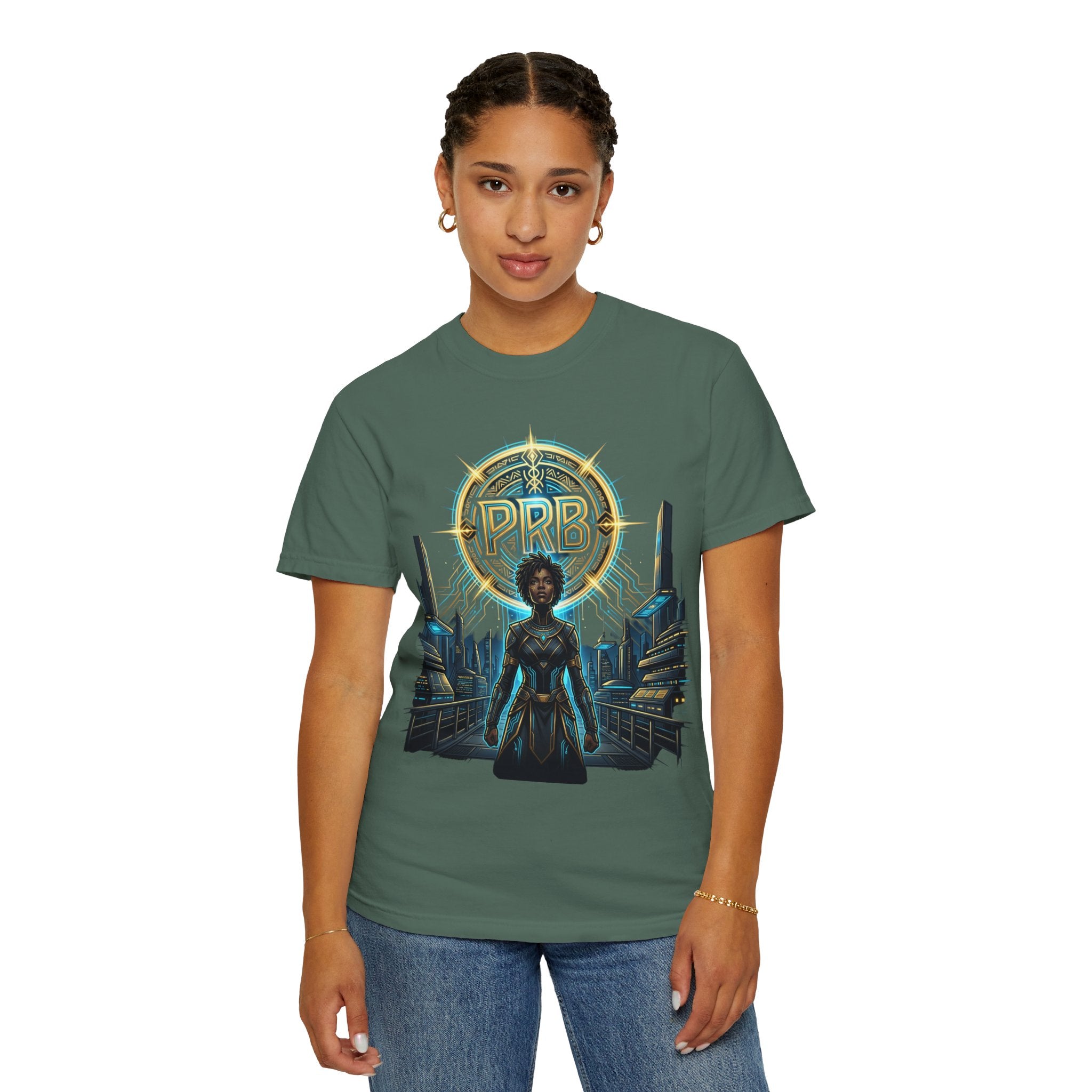 Futuristic Warrior Afrofuturist Graphic T-Shirt | Sci-Fi Streetwear Tee by Printify
