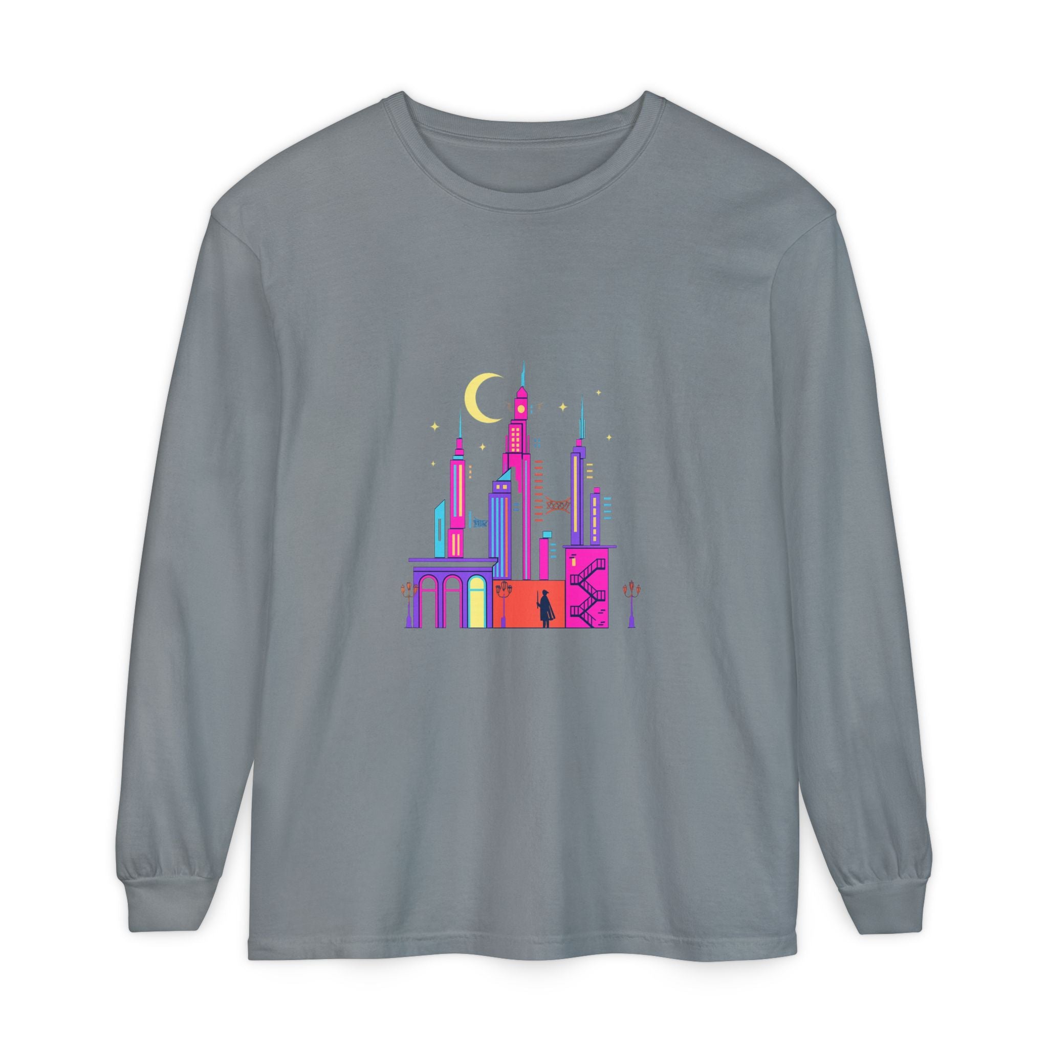 PRB Neon City Skyline Long Sleeve Shirt | Urban Nightscape Illustration by Power Runs Black